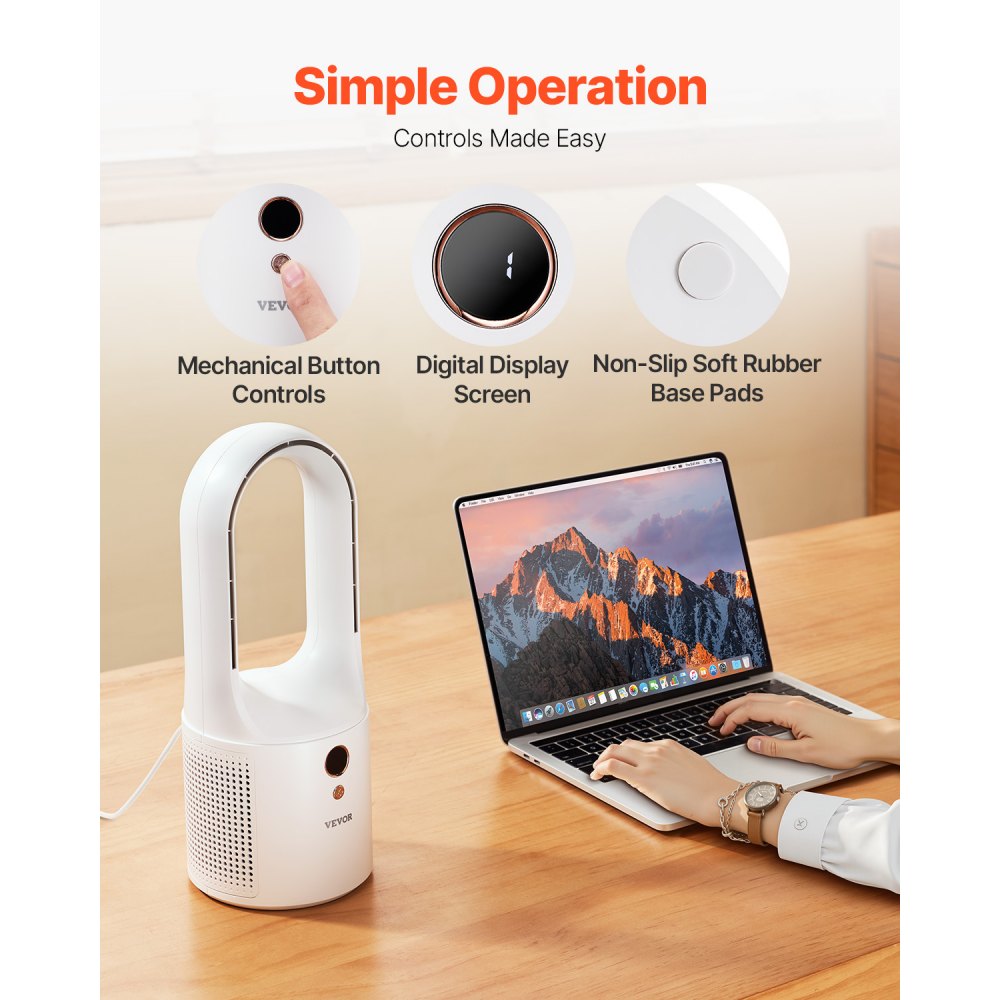 VEVOR Desk Fan Bladeless, 12.99 Inch Kids-Friendly Personal Portable Desk Fan, 6-Speed USB Quiet Cooling Small Tower Fan with Button Control, Blows Cold Air for Office, Home (Plug to Use, No Battery)