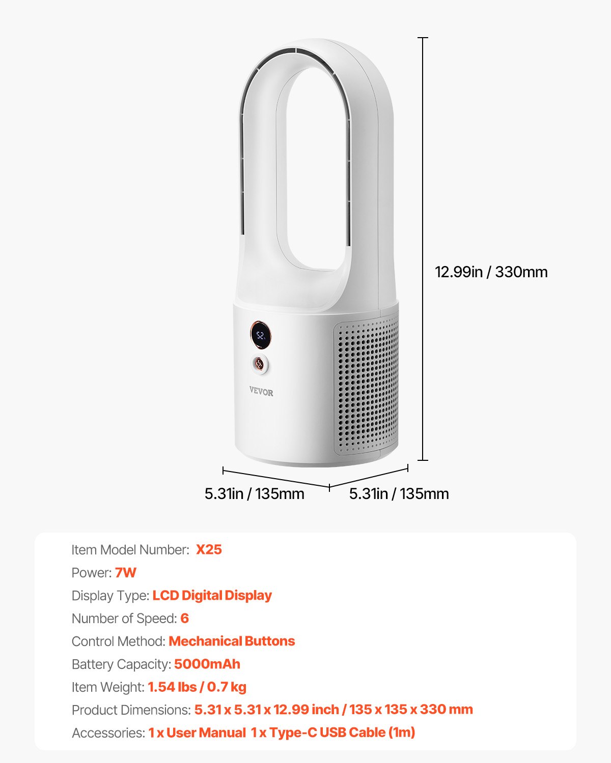 VEVOR Bladeless Tafelventilator, Draagbare 330mm Ventilator, 6-snelheden USB Koeler, Stille Kleine Torenventilator met Oplaadbare Batterij, Kindvriendelijk, voor Slaapkamer, Kantoor, Thuis