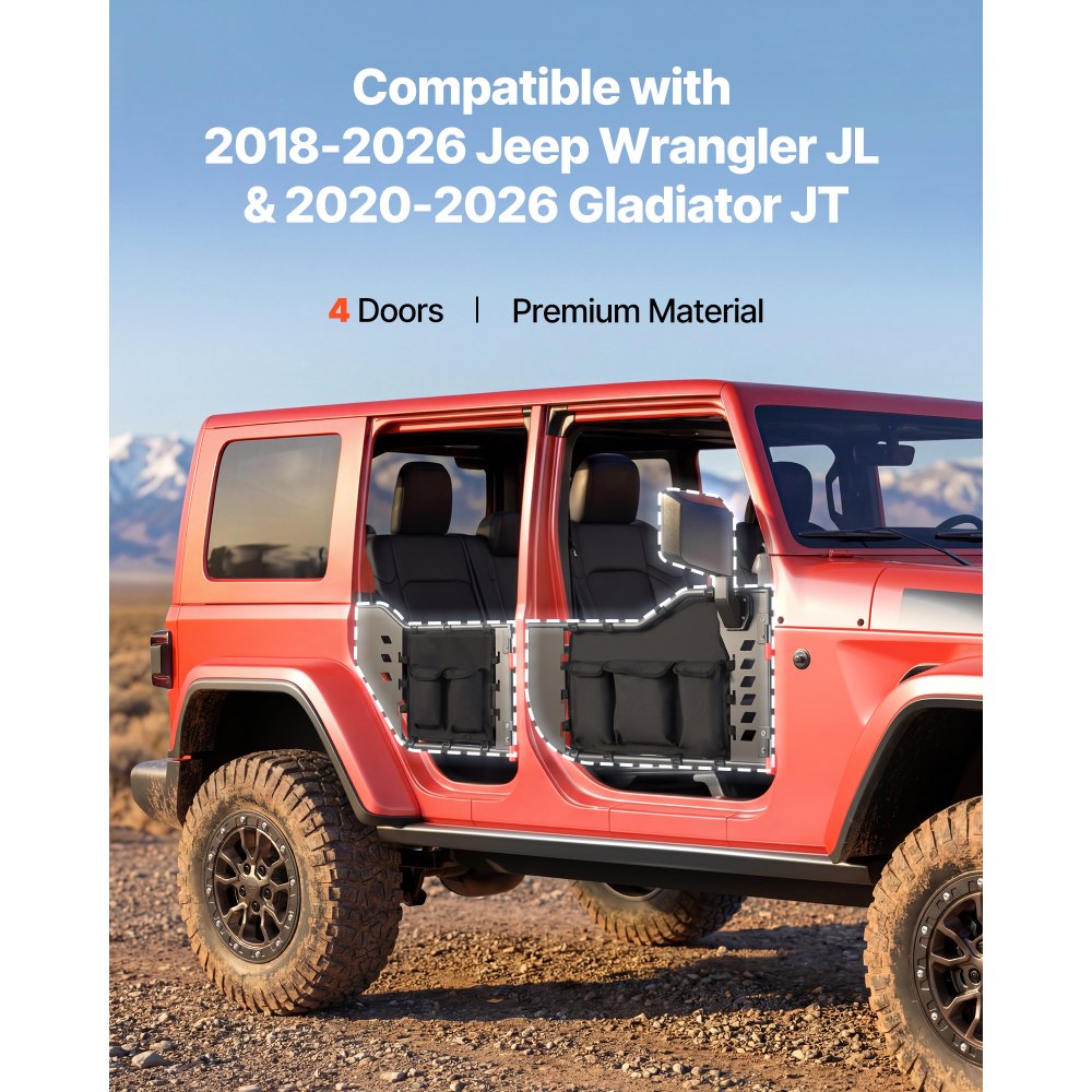VEVOR buisvormige deuren 4-deurs, compatibel met Jeep Wrangler JL (18–26) & Gladiator JT (20–26), stalen halve deuren voor off-road gebruik (voor en achter) met DOT-gecertificeerde zijspiegels en opbergvakken, zwart