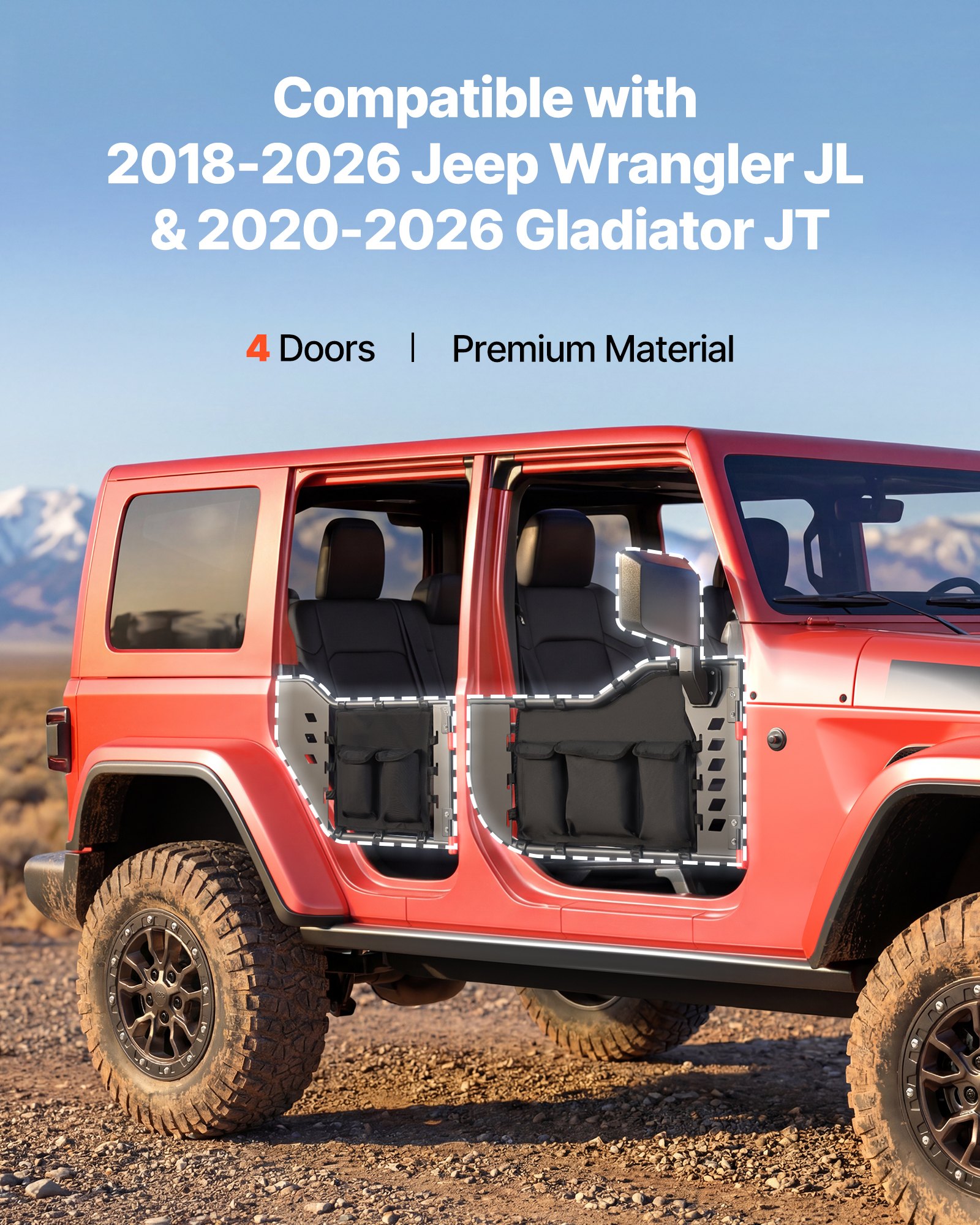 VEVOR buisvormige deuren 4-deurs, compatibel met Jeep Wrangler JL (18–26) & Gladiator JT (20–26), stalen halve deuren voor off-road gebruik (voor en achter) met DOT-gecertificeerde zijspiegels en opbergvakken, zwart