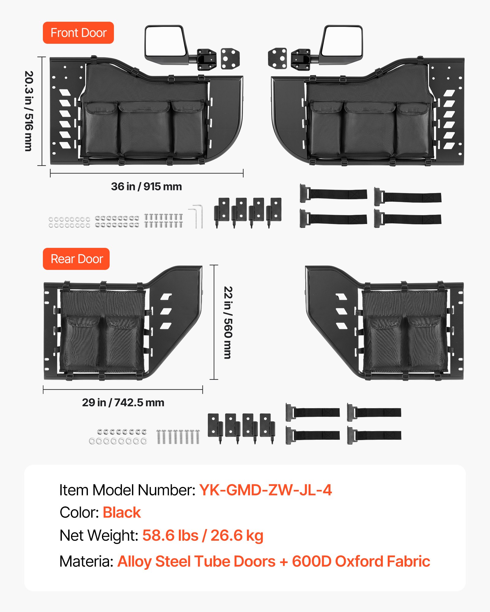 VEVOR buisvormige deuren 4-deurs, compatibel met Jeep Wrangler JL (18–26) & Gladiator JT (20–26), stalen halve deuren voor off-road gebruik (voor en achter) met DOT-gecertificeerde zijspiegels en opbergvakken, zwart
