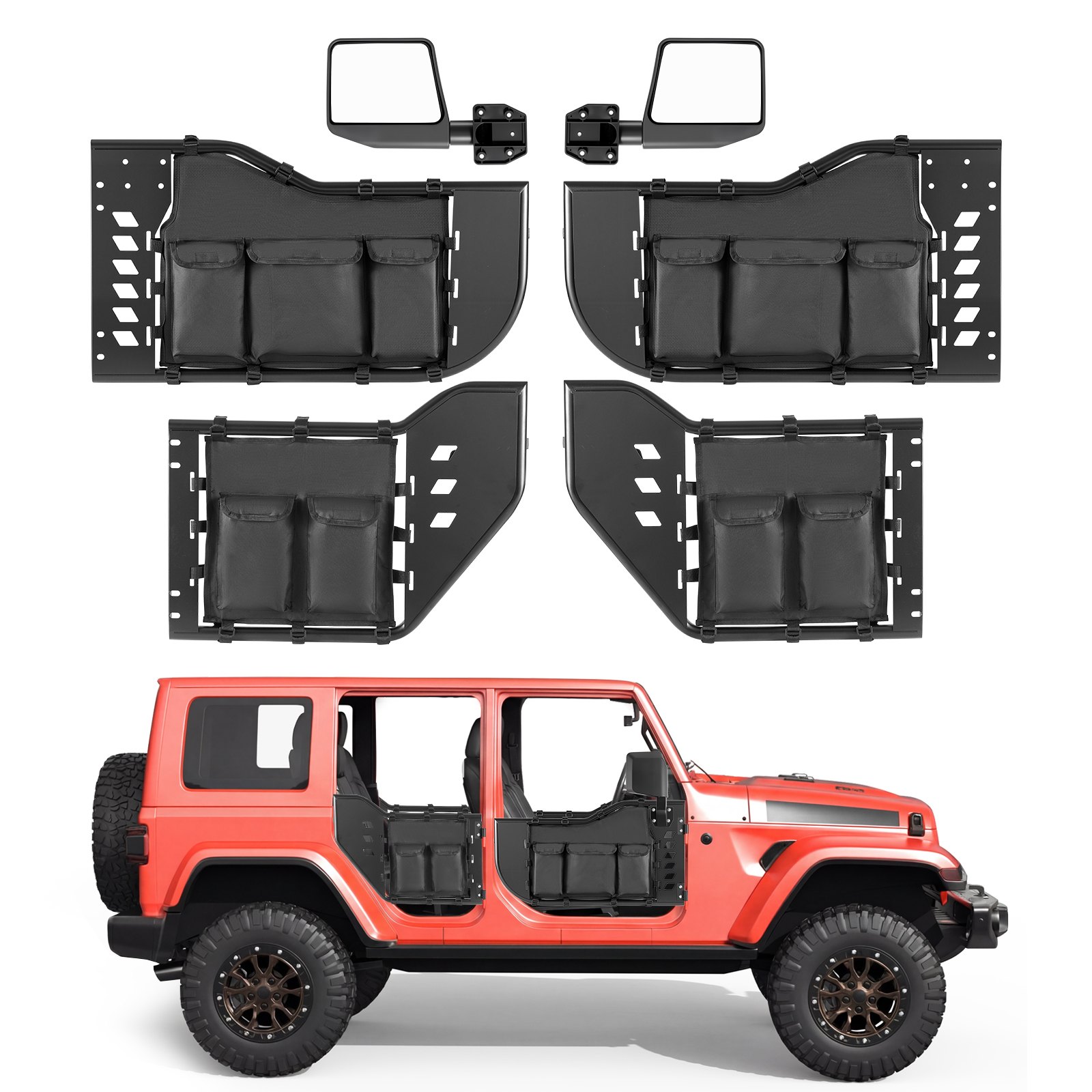 VEVOR buisvormige deuren 4-deurs, compatibel met Jeep Wrangler JL (18–26) & Gladiator JT (20–26), stalen halve deuren voor off-road gebruik (voor en achter) met DOT-gecertificeerde zijspiegels en opbergvakken, zwart