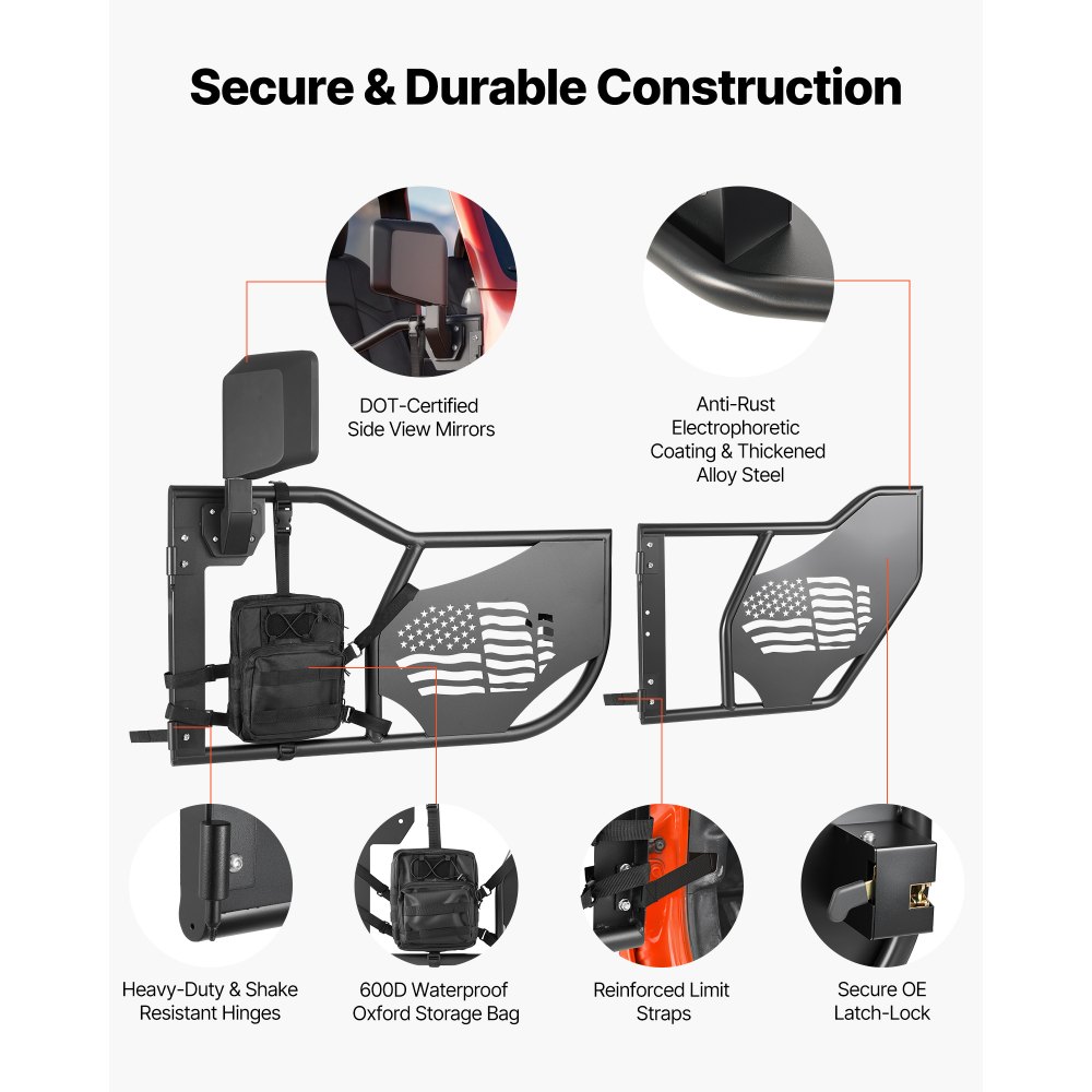VEVOR buisdeuren 4-deurs, compatibel met Jeep Wrangler JL 18-26 & Gladiator JT 20-26, stalen halve deuren voor off-road gebruik (vlagpatroon) met DOT-gecertificeerde zijspiegels, opbergtas, zwart