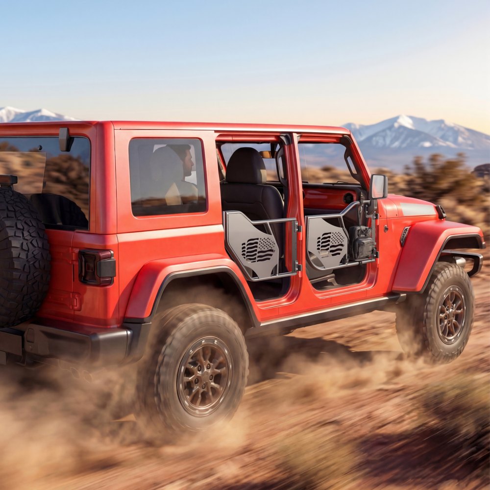 VEVOR buisdeuren 4-deurs, compatibel met Jeep Wrangler JL 18-26 & Gladiator JT 20-26, stalen halve deuren voor off-road gebruik (vlagpatroon) met DOT-gecertificeerde zijspiegels, opbergtas, zwart