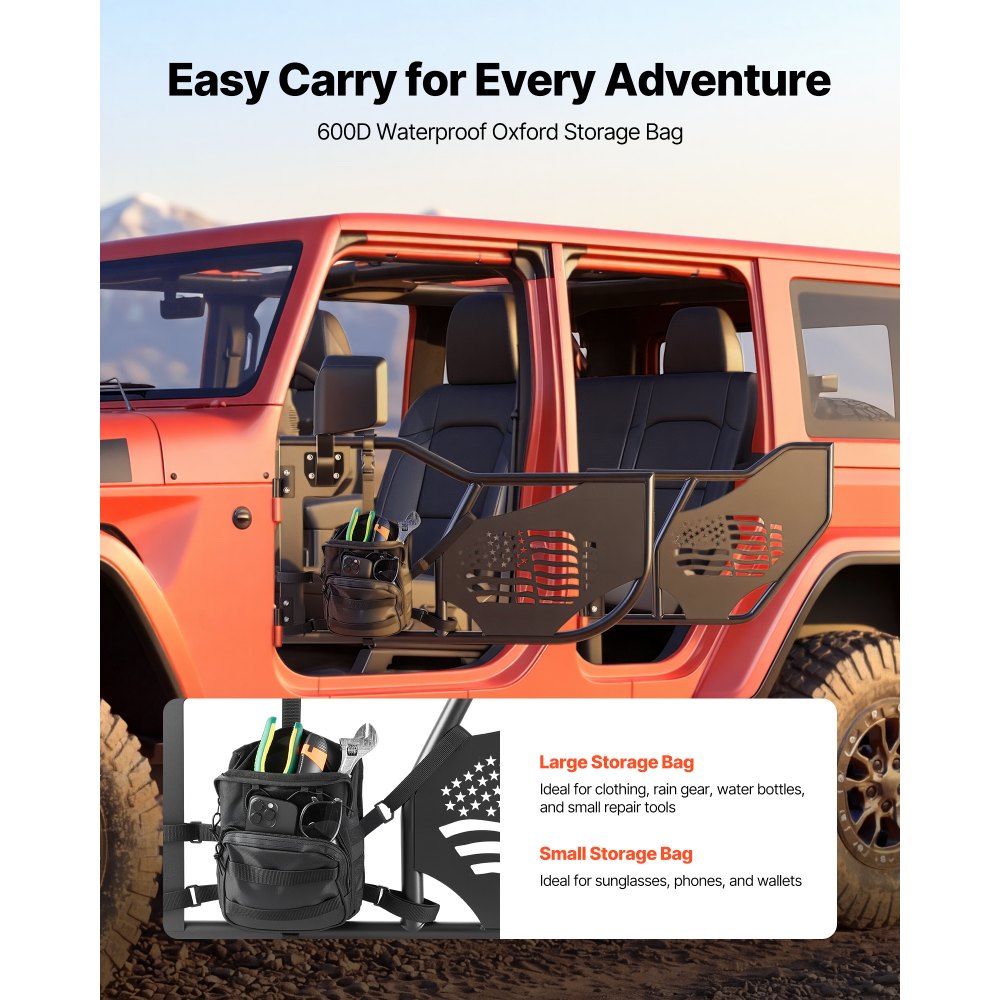 VEVOR buisdeuren 4-deurs, compatibel met Jeep Wrangler JL 18-26 & Gladiator JT 20-26, stalen halve deuren voor off-road gebruik (vlagpatroon) met DOT-gecertificeerde zijspiegels, opbergtas, zwart