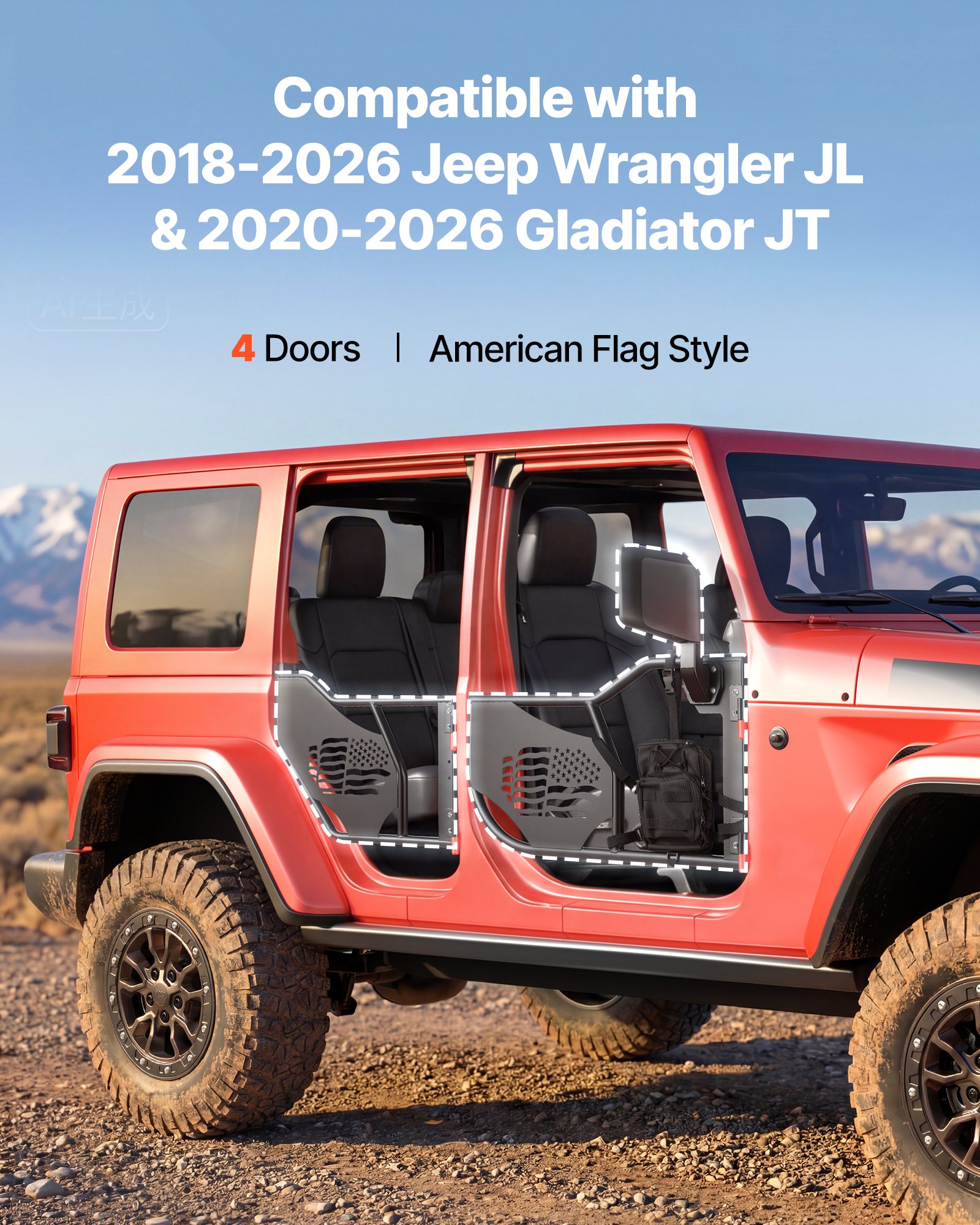 VEVOR buisdeuren 4-deurs, compatibel met Jeep Wrangler JL 18-26 & Gladiator JT 20-26, stalen halve deuren voor off-road gebruik (vlagpatroon) met DOT-gecertificeerde zijspiegels, opbergtas, zwart