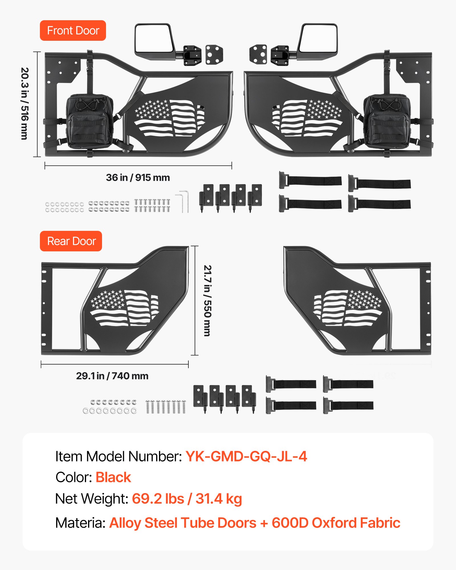 VEVOR buisdeuren 4-deurs, compatibel met Jeep Wrangler JL 18-26 & Gladiator JT 20-26, stalen halve deuren voor off-road gebruik (vlagpatroon) met DOT-gecertificeerde zijspiegels, opbergtas, zwart
