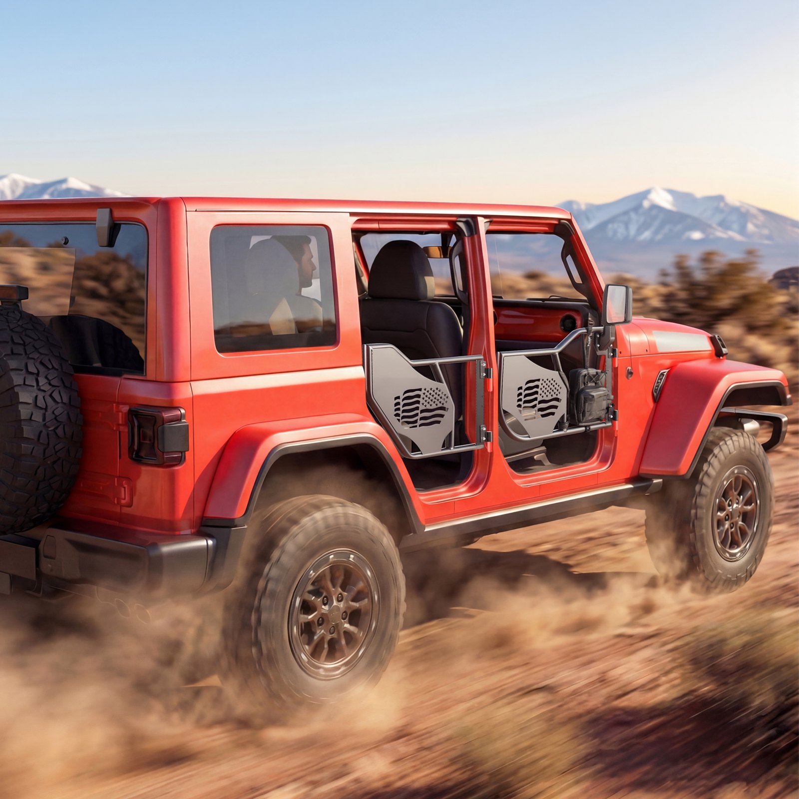 VEVOR buisdeuren 4-deurs, compatibel met Jeep Wrangler JL 18-26 & Gladiator JT 20-26, stalen halve deuren voor off-road gebruik (vlagpatroon) met DOT-gecertificeerde zijspiegels, opbergtas, zwart