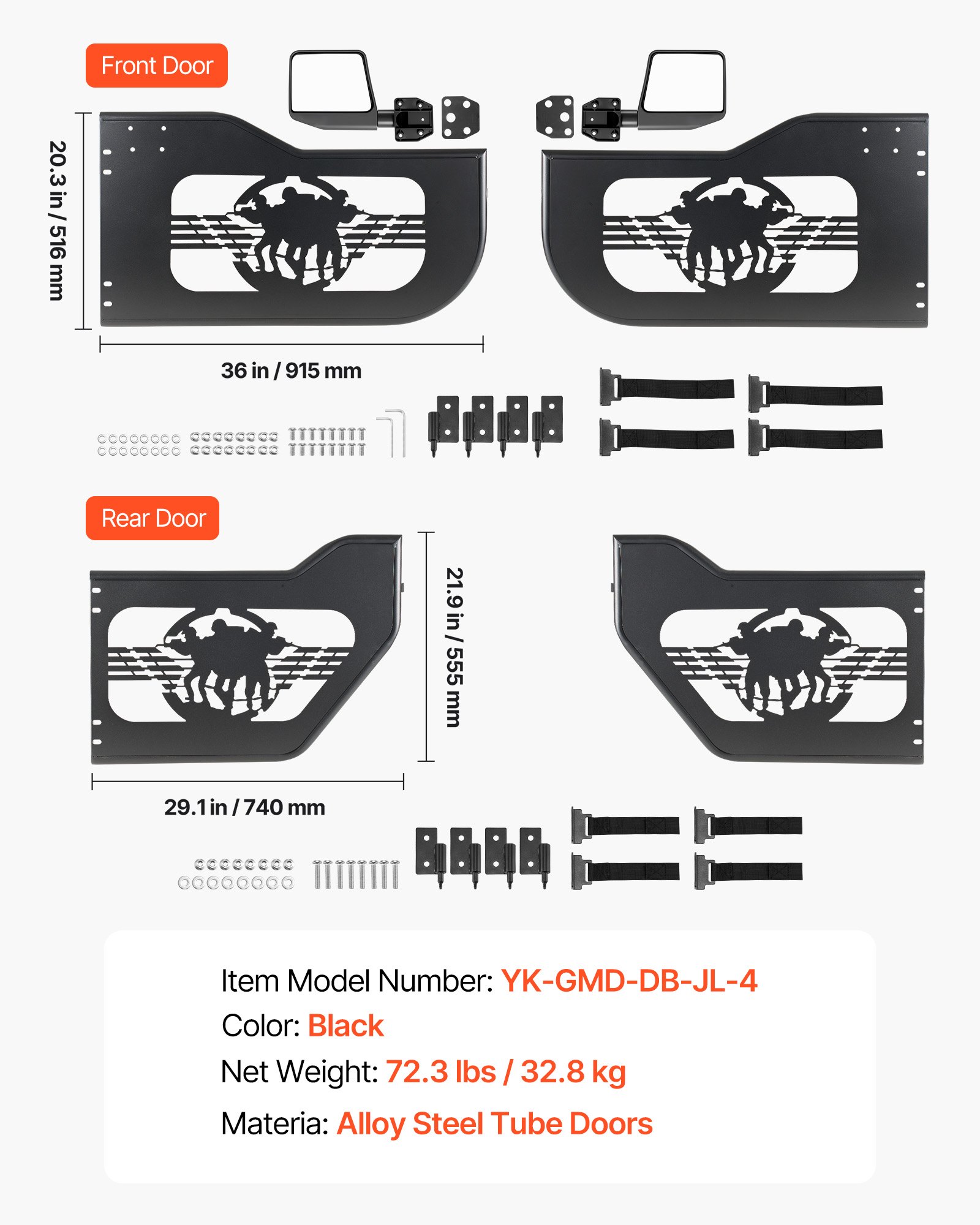 VEVOR 4-deurs buisdeuren, compatibel met Jeep Wrangler JL (2018-2026) & Gladiator JT (2020-2026), stalen halve deuren voor off-road gebruik (voor en achter) met DOT-gecertificeerde zijspiegels, deuren met buisvormig frame.