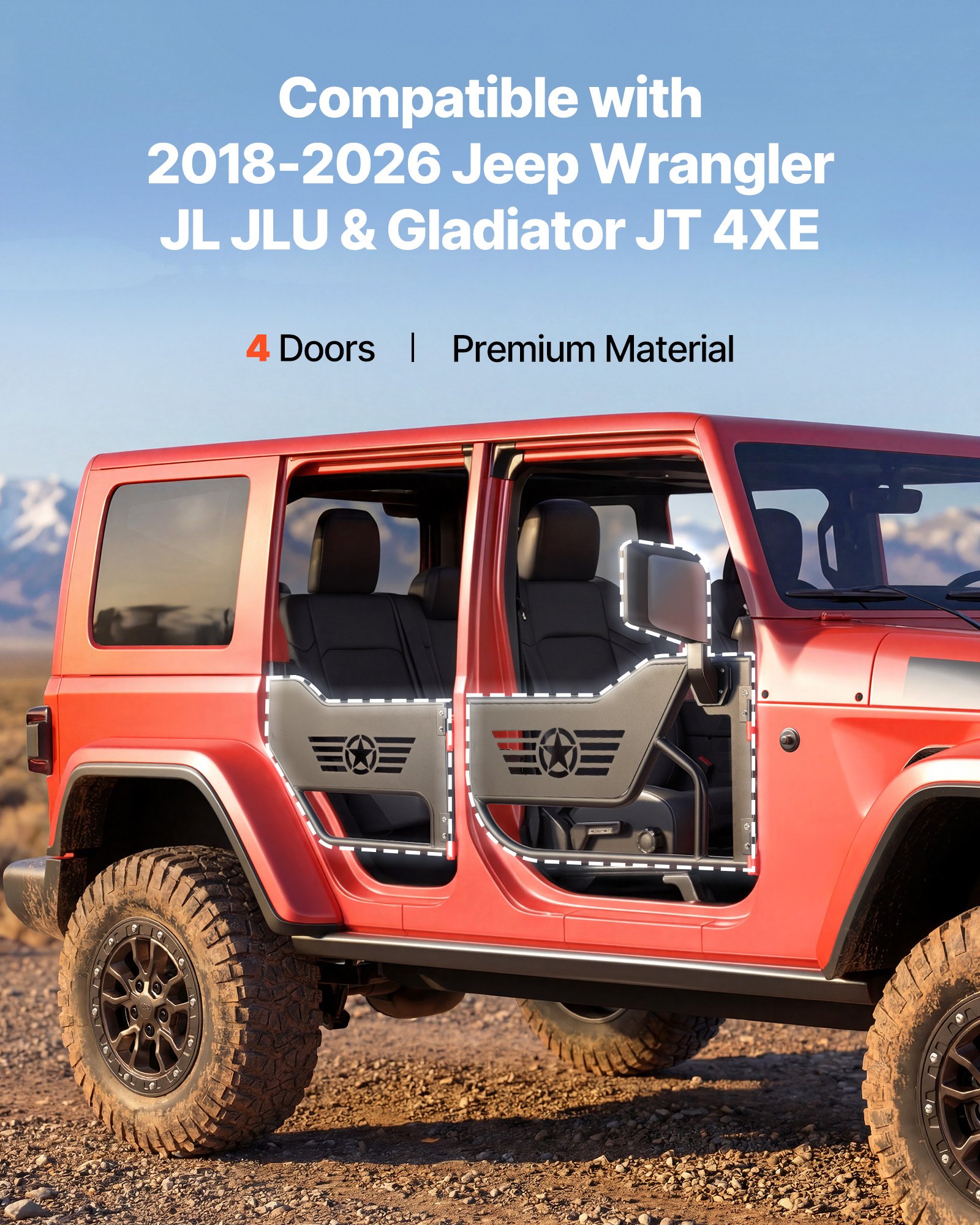 VEVOR 4-deurs buisdeuren, compatibel met Jeep Wrangler JL JLU & Gladiator JT 4XE (2018–2026), offroad buisframe deuren (sterpatroon) van staal (voor en achter) met DOT-gecertificeerde buitenspiegels.