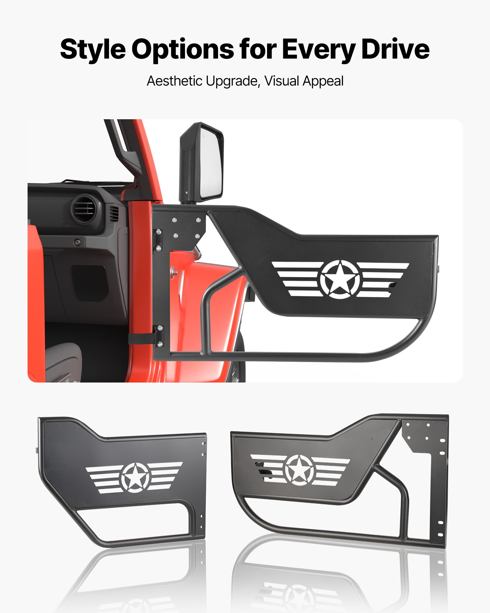 VEVOR 4-deurs buisdeuren, compatibel met Jeep Wrangler JL JLU & Gladiator JT 4XE (2018–2026), offroad buisframe deuren (sterpatroon) van staal (voor en achter) met DOT-gecertificeerde buitenspiegels.