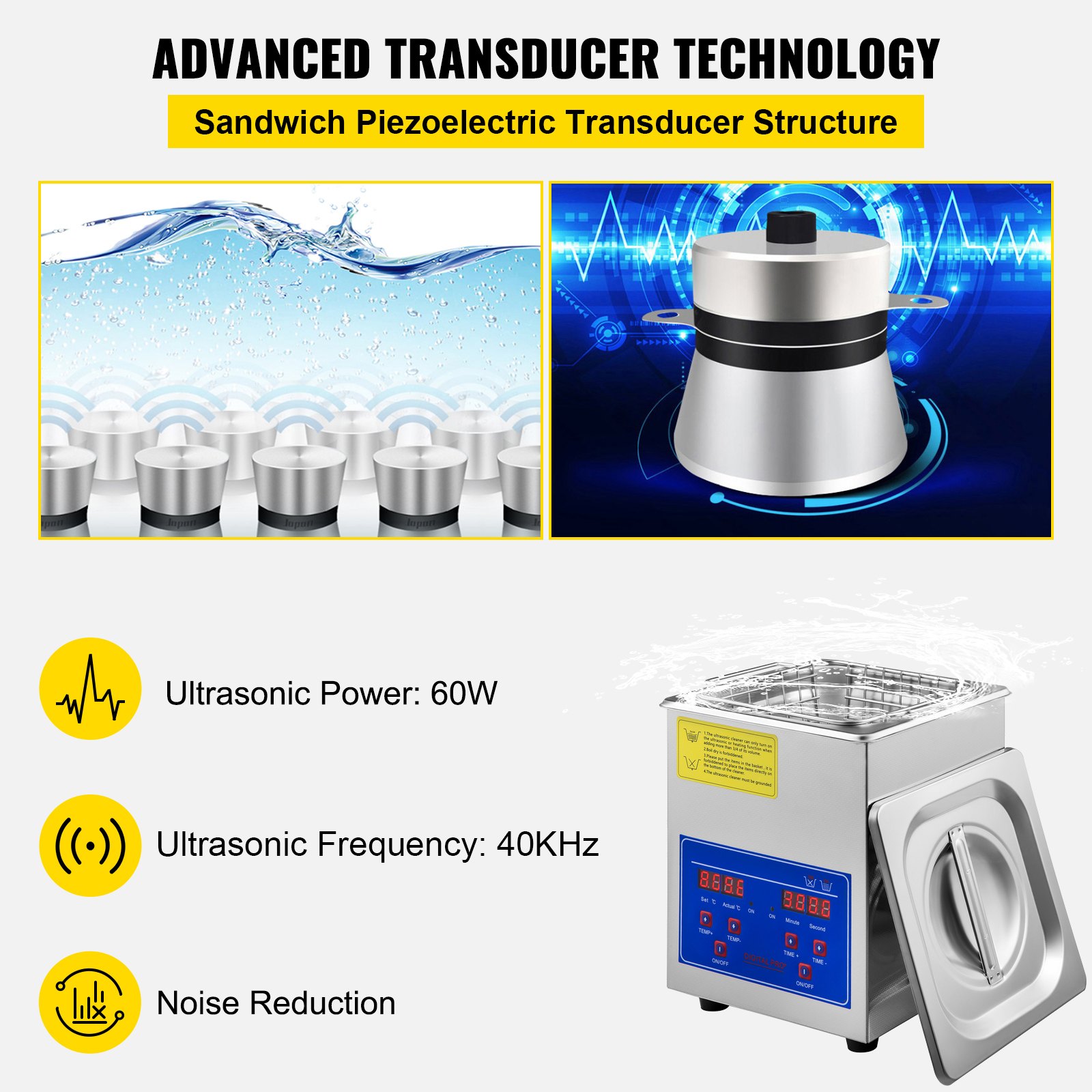 VEVOR 2L Ultrasone reiniger Machine Roestvrij staal Ultrasone reinigingsmachine Digitale verwarming Timer Sieradenreiniging voor commercieel persoonlijk thuisgebruik (2L)