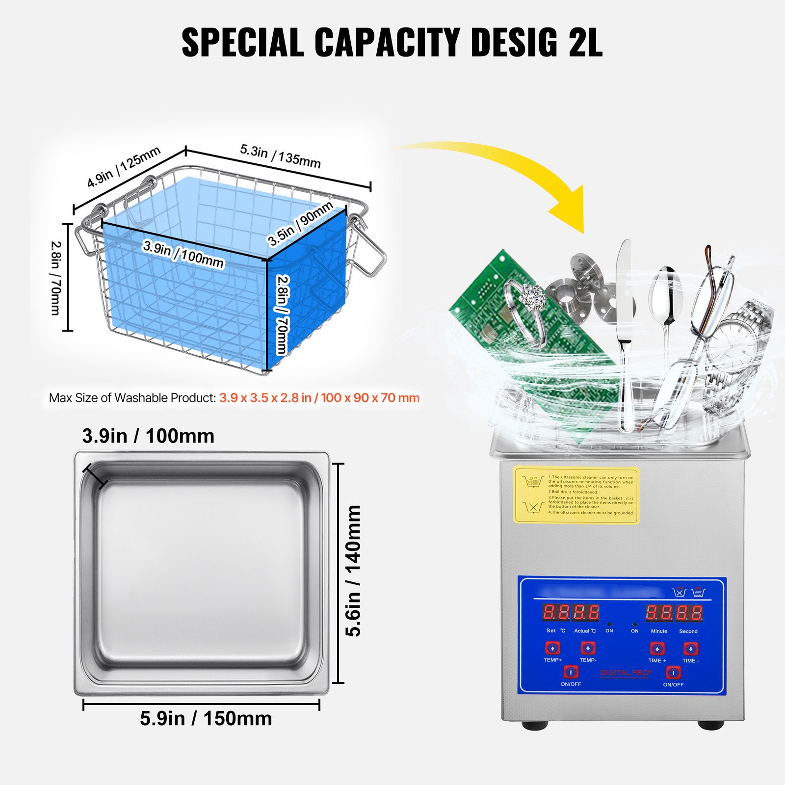 VEVOR 2L Ultrasone reiniger Machine Roestvrij staal Ultrasone reinigingsmachine Digitale verwarming Timer Sieradenreiniging voor commercieel persoonlijk thuisgebruik (2L)