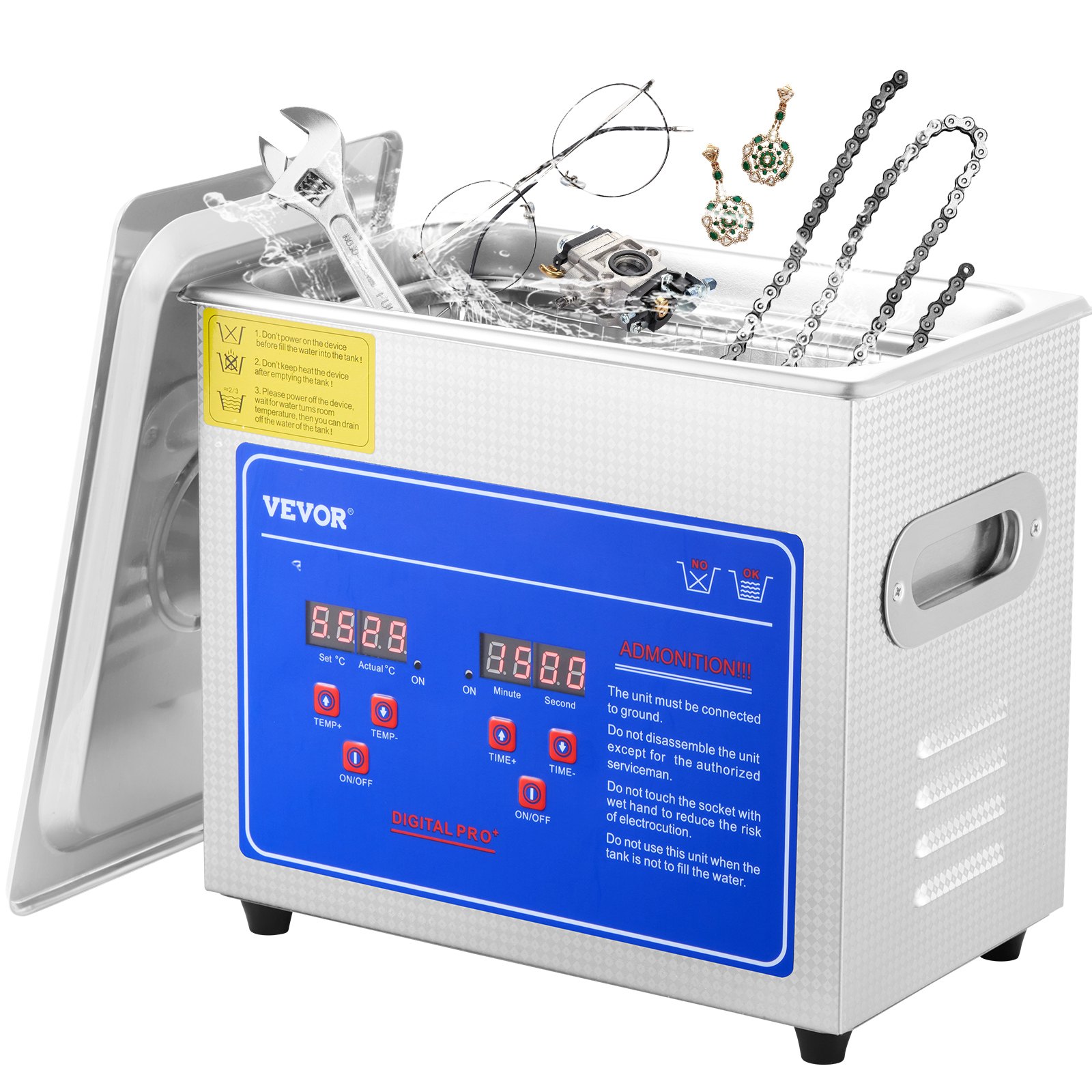 VEVOR Professionele ultrasone reiniger 2,85 liter, ultrasoon reinigingsapparaat met digitale timer en verwarming, 40 kHz ultrasone reiniger voor brillen, horloges, ringen en kleine onderdelen