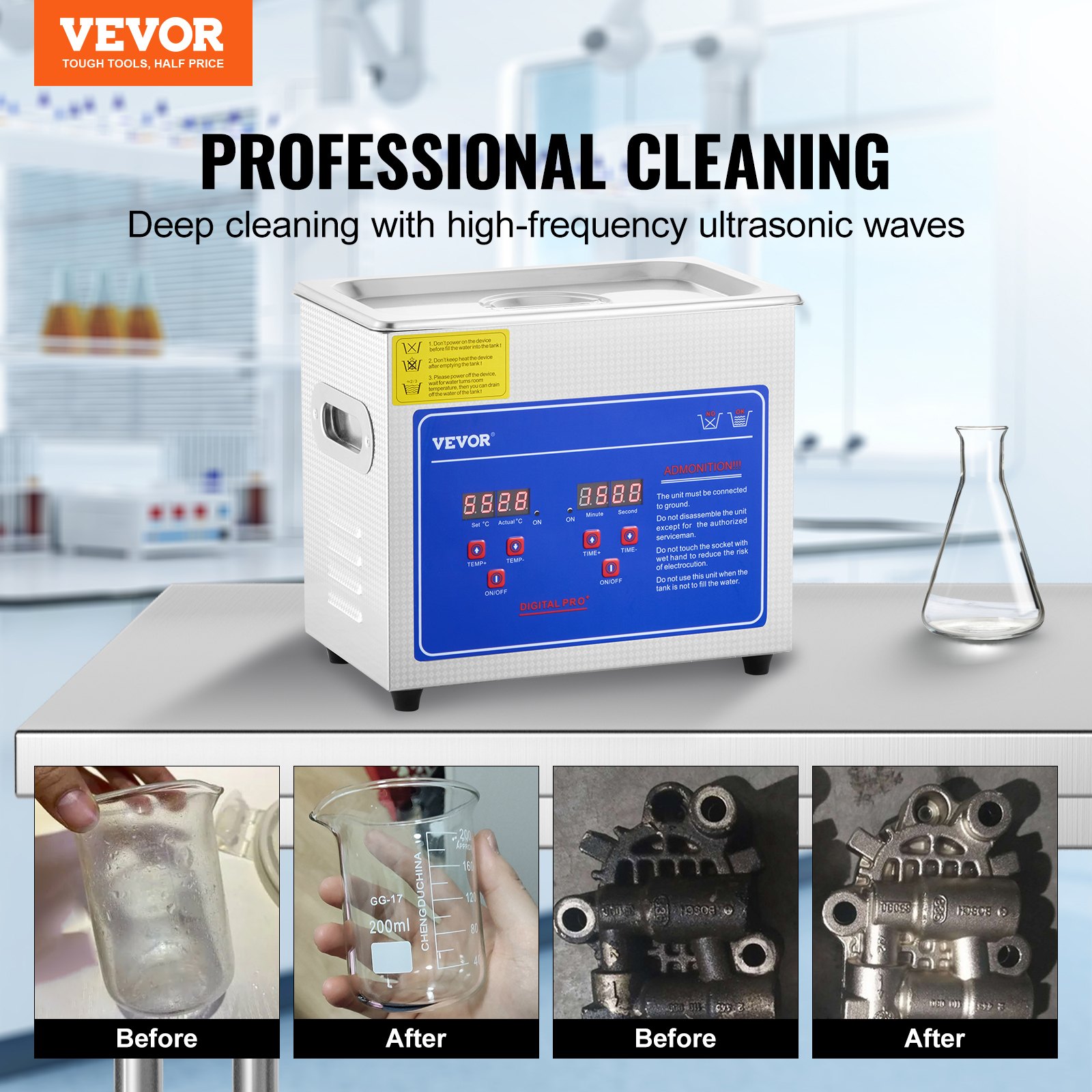 VEVOR Professionele ultrasone reiniger 2,85 liter, ultrasoon reinigingsapparaat met digitale timer en verwarming, 40 kHz ultrasone reiniger voor brillen, horloges, ringen en kleine onderdelen