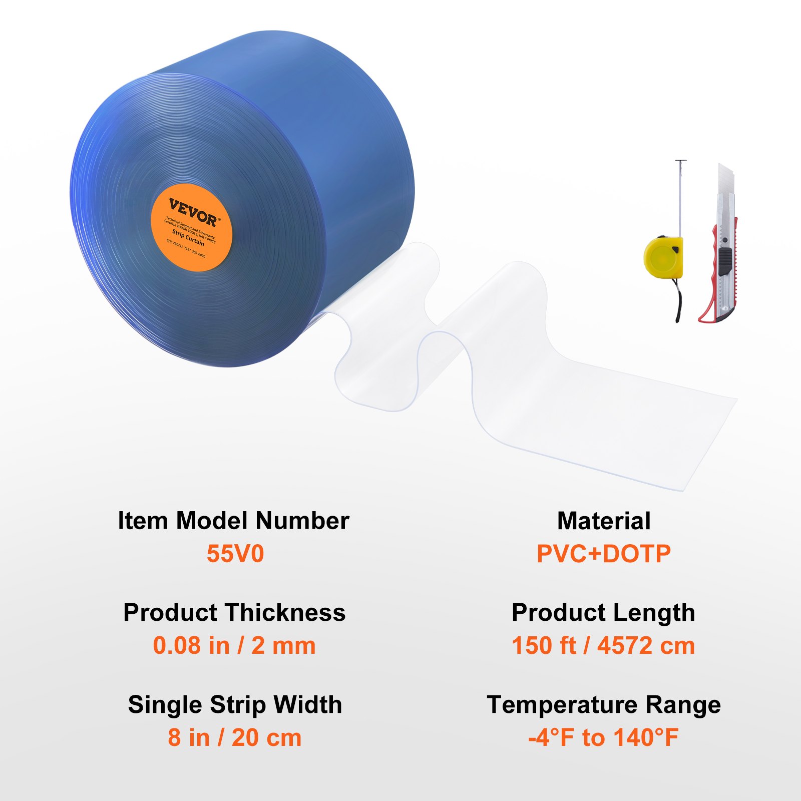 VEVOR strokengordijn 20 x 4572 cm lamellenlamellengordijn transparant zacht PVC + DOTP per meter 2 mm dik PVC strokengordijn inclusief universeel mes en 3 m lang meetlint