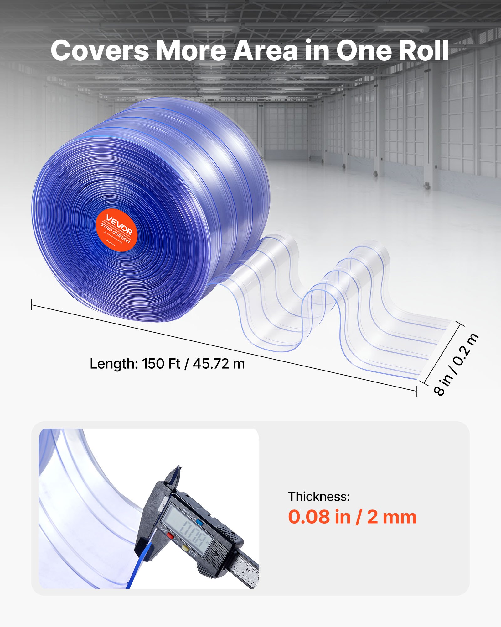 VEVOR Clear PVC Strip Curtain, 45.7 m Length x 20 cm Width, Ribbed Plastic Door Strip Bulk Roll, Walk in Freezer Cooler Curtain Strips for Doorways of Supermarket, Garage, Warehouse, Pet Animal House