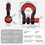 close-up of VEVOR d-ring shackle in black and red with detailed measurements and specifications.