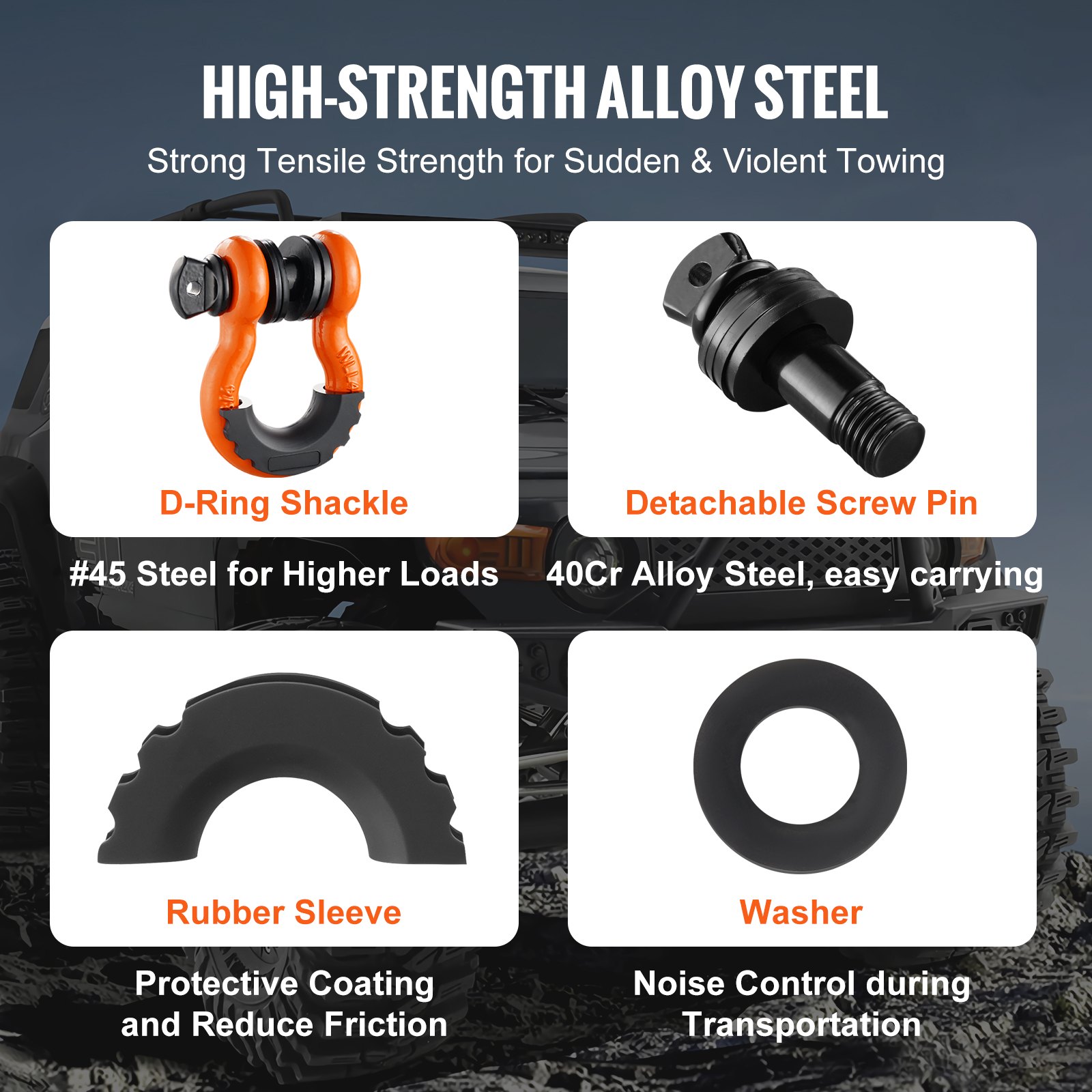 VEVOR 3/4" D-Ring Shackle, 2 Pack Alloy Steel Shackles 62832 lbs (28.5 Ton) Break Strength with 7/8" Screw Pin, Isolators & Washers, Heavy Duty Off Road Vehicle Recovery Shackle for Jeep Truck, Orange