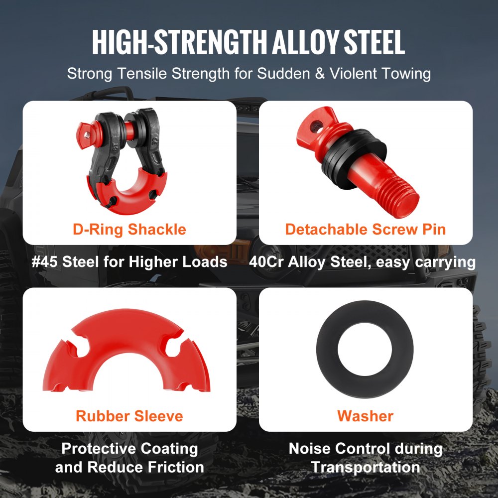 VEVOR 3/4" D-ringbeugel, 2-pack gelegeerde stalen beugels 66139 lbs (30 ton) breeksterkte met 7/8" schroefpen, isolatoren en ringen, zware off-road voertuigbergingsbeugel voor Jeep-truck, zwart