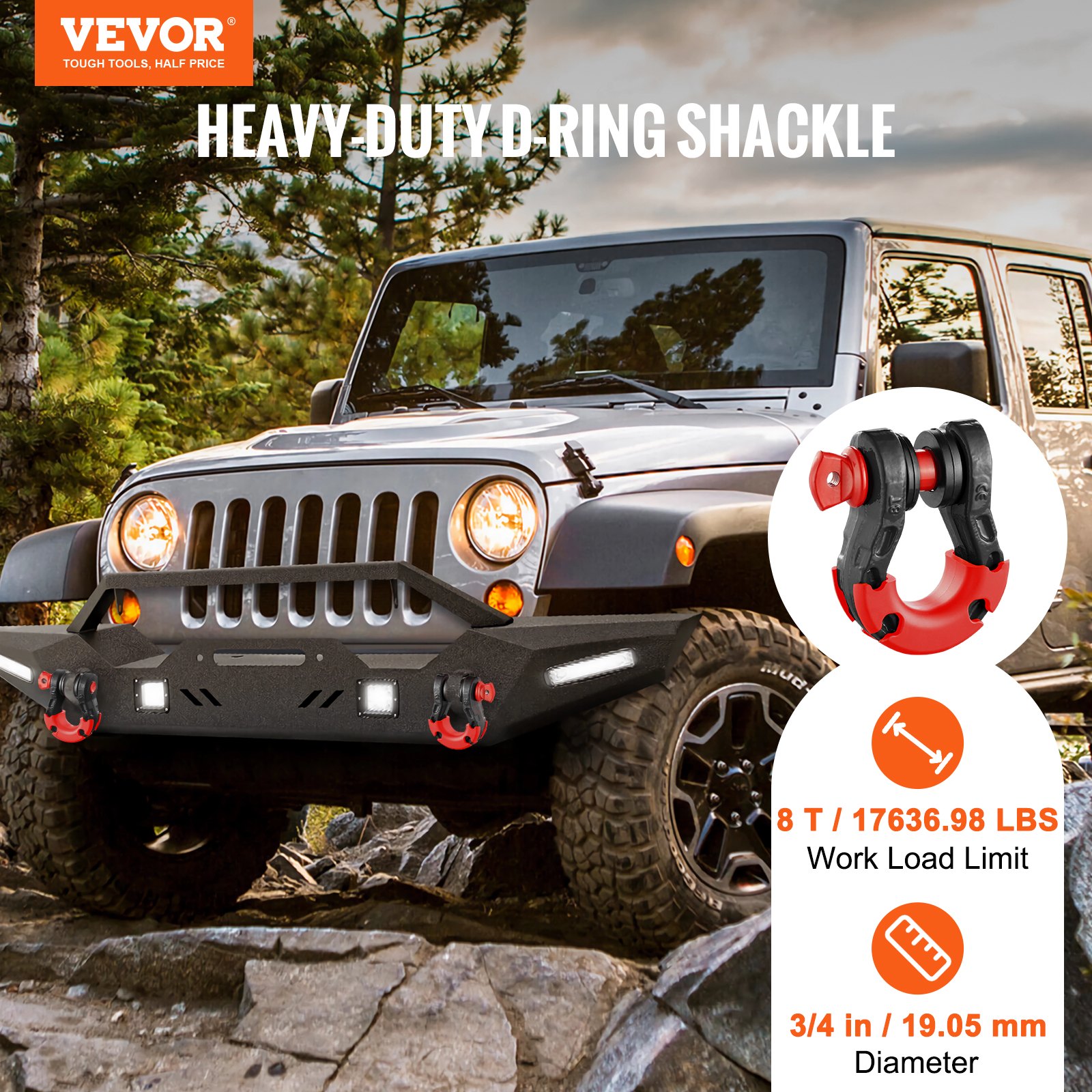 VEVOR 3/4" D-ringbeugel, 2-pack gelegeerde stalen beugels 66139 lbs (30 ton) breeksterkte met 7/8" schroefpen, isolatoren en ringen, zware off-road voertuigbergingsbeugel voor Jeep-truck, zwart