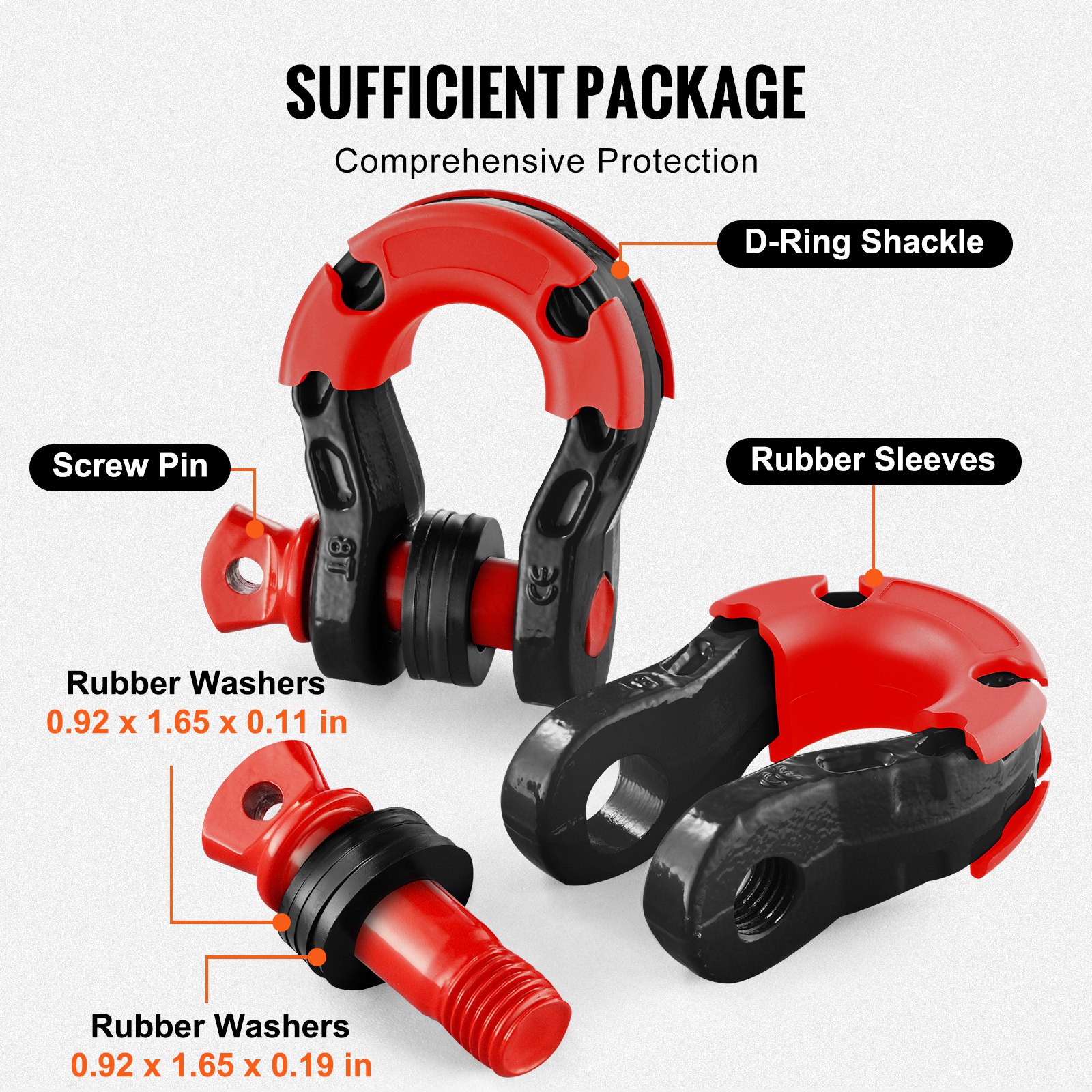 VEVOR 3/4" D-ringbeugel, 2-pack gelegeerde stalen beugels 66139 lbs (30 ton) breeksterkte met 7/8" schroefpen, isolatoren en ringen, zware off-road voertuigbergingsbeugel voor Jeep-truck, zwart
