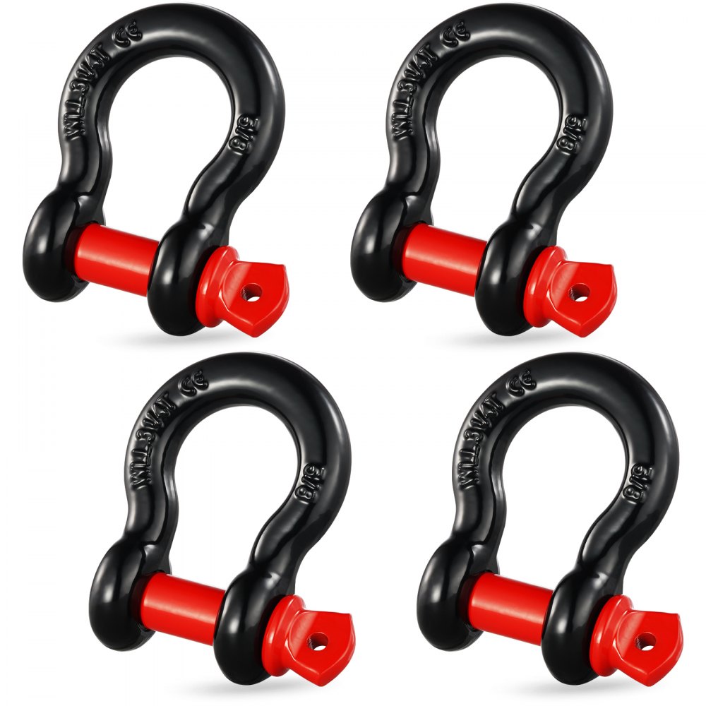 four black VEVOR d-ring shackles with red pins arranged in a grid pattern.