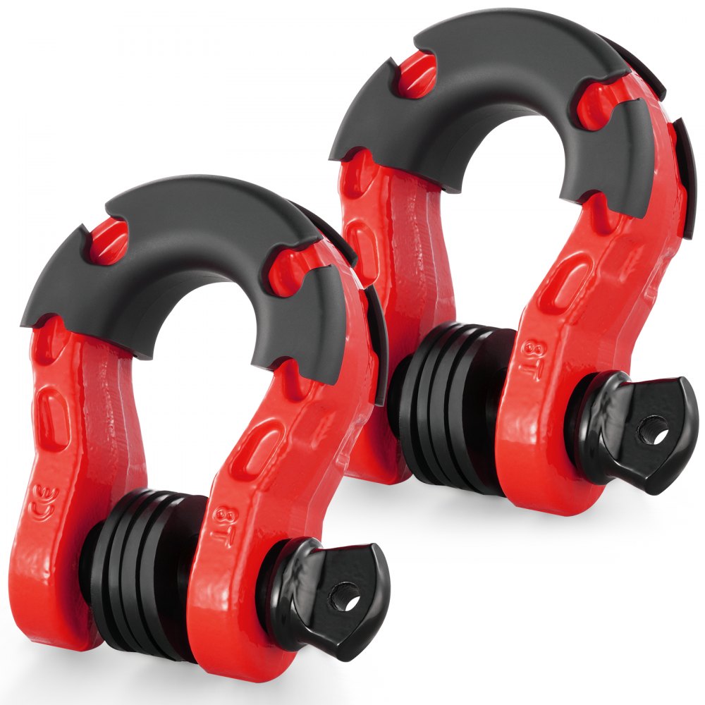 red and black VEVOR 3/4" d-ring shackle set with textured finish and secure pin locks.