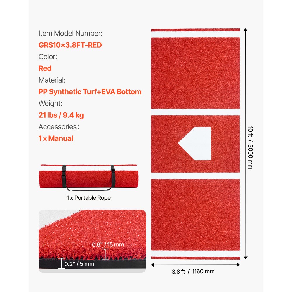 VEVOR Baseball Hitting Mat Trainingsmat (300 x 116 cm) Trainingsmat Slagkooimat, honkbalmat met thuisplaat en anti-fade kunstgras, draagbare trainingshulp Softbalmat Buiten, Rood