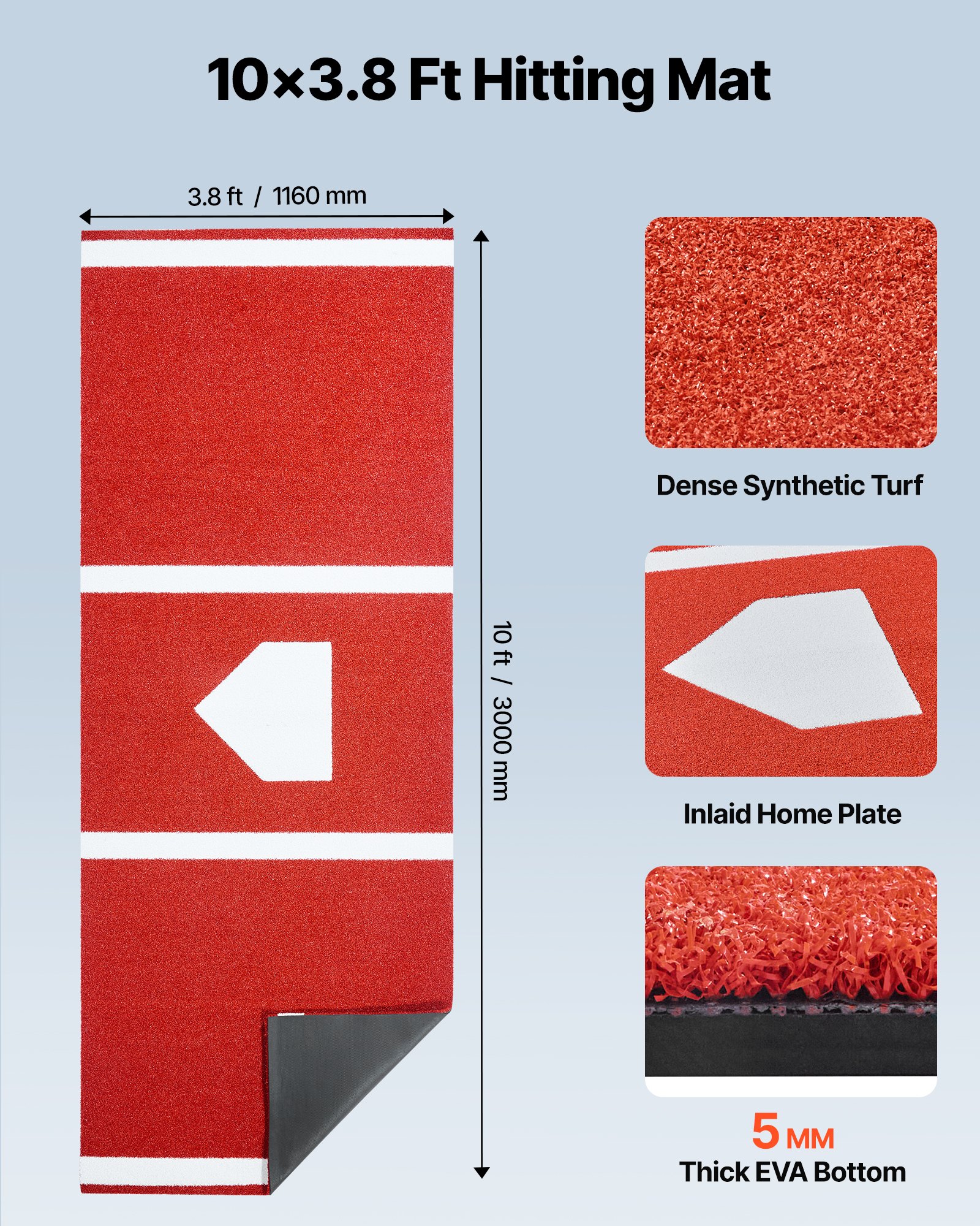 VEVOR Baseball Hitting Mat Trainingsmat (300 x 116 cm) Trainingsmat Slagkooimat, honkbalmat met thuisplaat en anti-fade kunstgras, draagbare trainingshulp Softbalmat Buiten, Rood