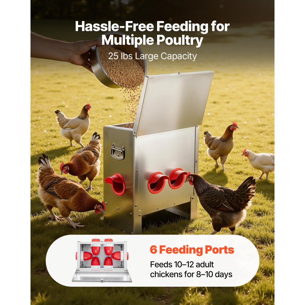 VEVOR Automatic Chicken Feeder, 25 lbs Capacity, 6 Feeding Ports No-Waste Poultry Feeder, Automatic Gravity, with Handle Latch Lid, Metal Construction, for Chickens Bantams Pheasants Poultry Coop