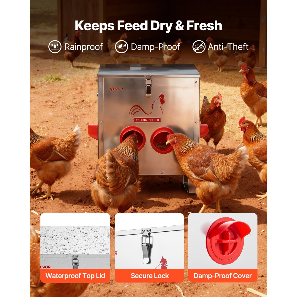 VEVOR Automatic Chicken Feeder, 25 lbs Capacity, 6 Feeding Ports No-Waste Poultry Feeder, Automatic Gravity, with Handle Latch Lid, Metal Construction, for Chickens Bantams Pheasants Poultry Coop