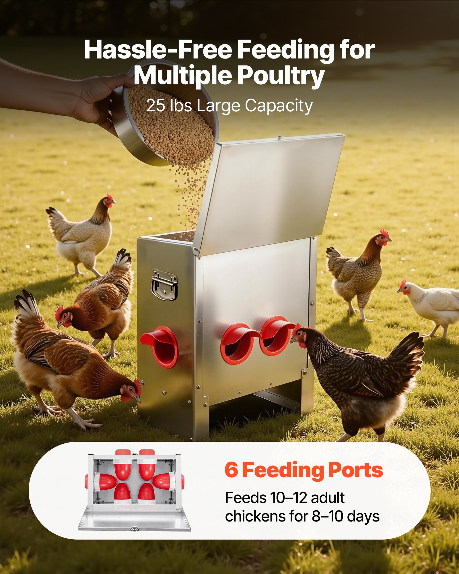VEVOR Automatic Chicken Feeder, 25 lbs Capacity, 6 Feeding Ports No-Waste Poultry Feeder, Automatic Gravity, with Handle Latch Lid, Metal Construction, for Chickens Bantams Pheasants Poultry Coop