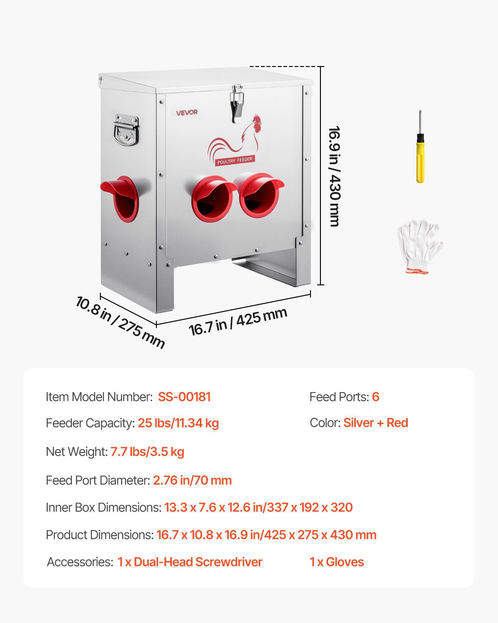 VEVOR Automatic Chicken Feeder, 25 lbs Capacity, 6 Feeding Ports No-Waste Poultry Feeder, Automatic Gravity, with Handle Latch Lid, Metal Construction, for Chickens Bantams Pheasants Poultry Coop