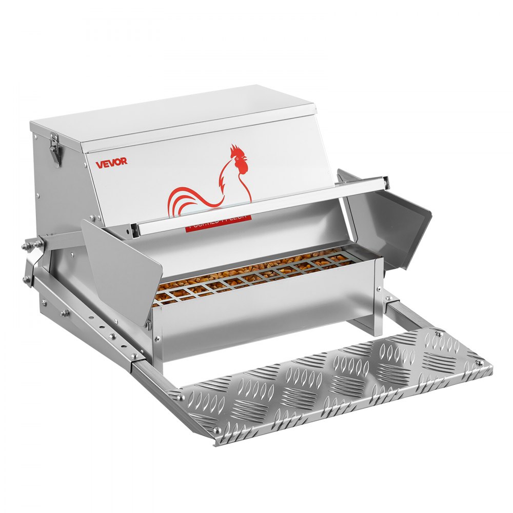 VEVOR Automatische Kippenvoerbak, Capaciteit 11,3 kg, Kippenvoerbak met Voetpedaal en Vergrendelbaar Deksel, Gegalvaniseerde Stalen Voerbak, Voerbak voor Kippen, Krielkippen en Pluimvee