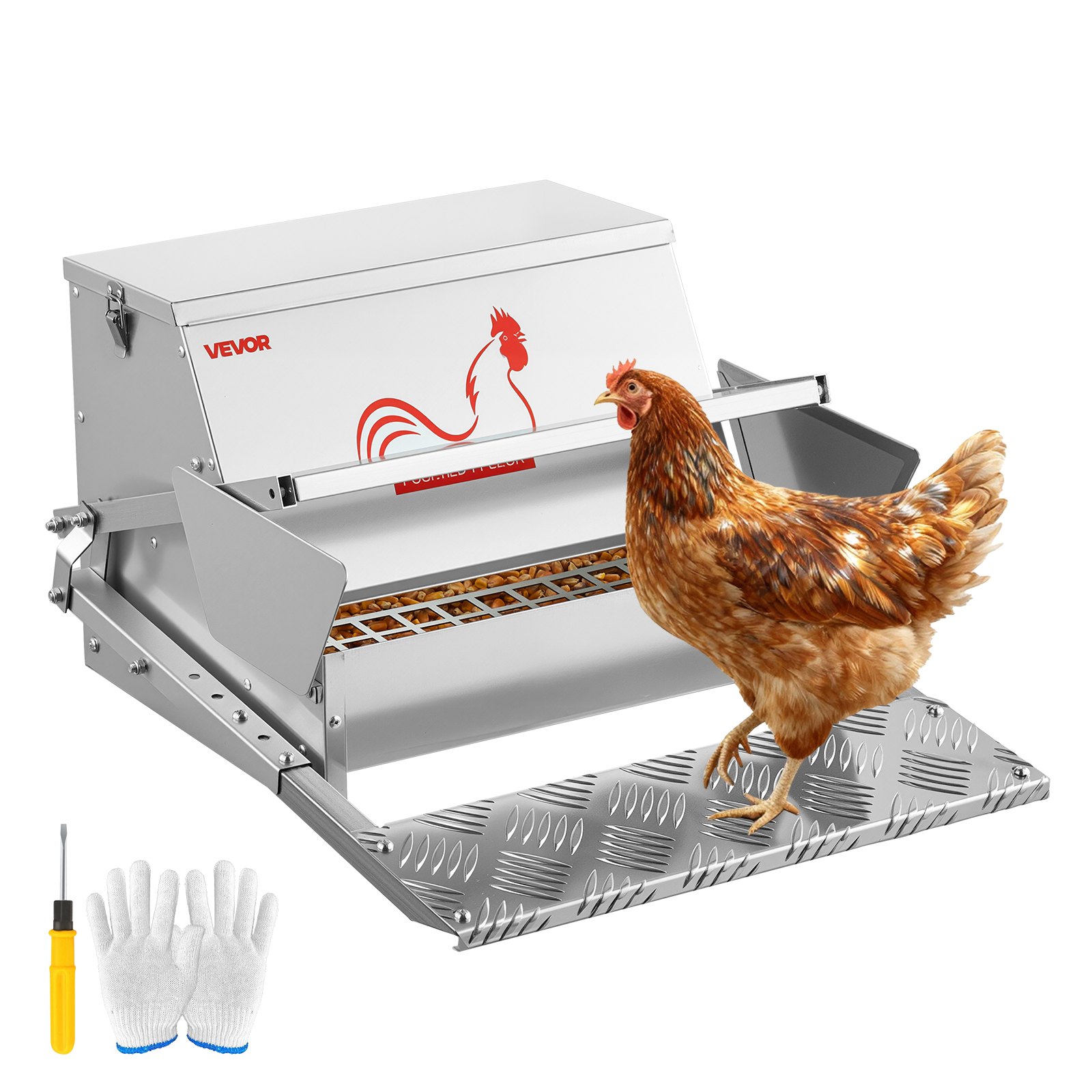 VEVOR Automatische Kippenvoerbak, Capaciteit 11,3 kg, Kippenvoerbak met Voetpedaal en Vergrendelbaar Deksel, Gegalvaniseerde Stalen Voerbak, Voerbak voor Kippen, Krielkippen en Pluimvee