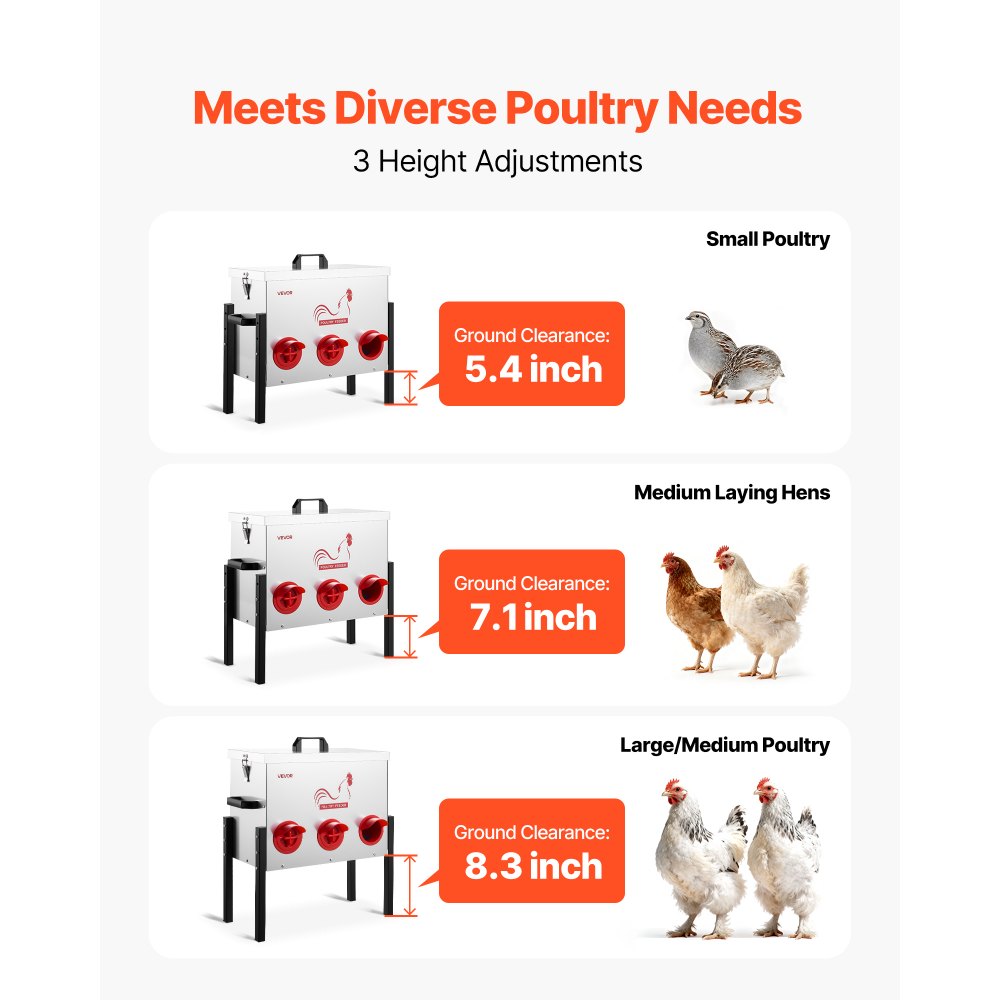 VEVOR Automatic Chicken Feeder, 30 lbs Capacity, 6 Feeding Ports No-Waste Poultry Feeder, Automatic Gravity, with Adjustable Height & Locking Lid, Metal Construction, for Chickens Bantams Pheasants