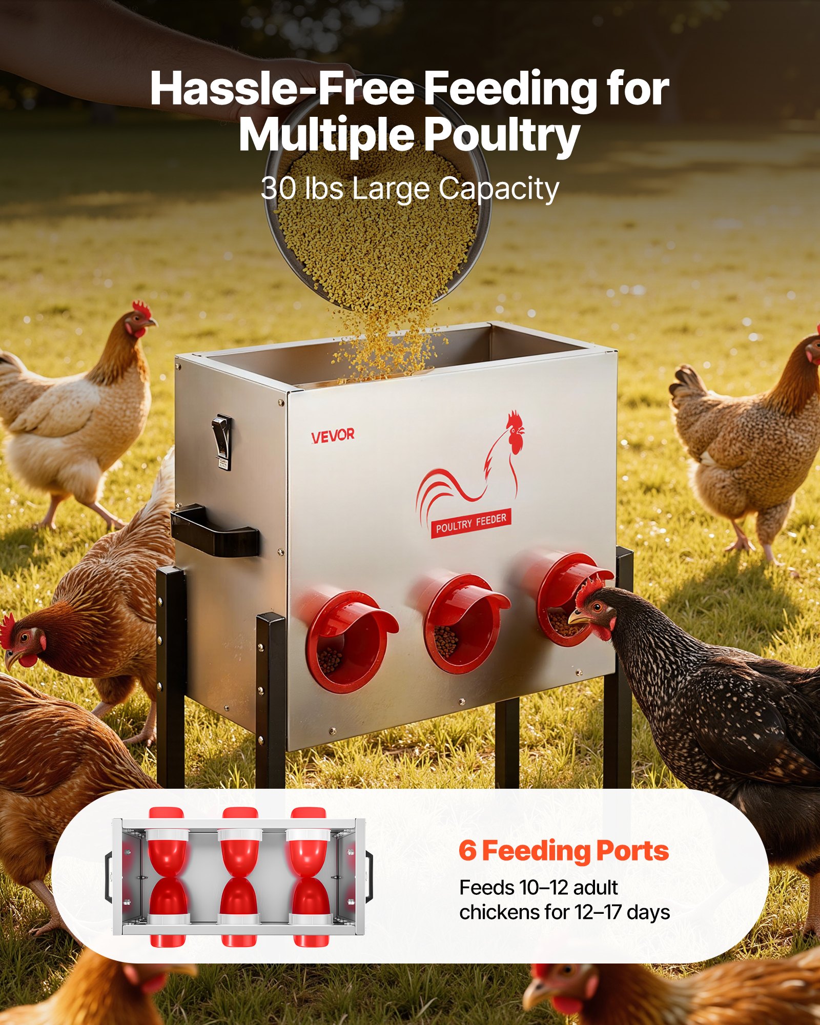 VEVOR Automatic Chicken Feeder, 30 lbs Capacity, 6 Feeding Ports No-Waste Poultry Feeder, Automatic Gravity, with Adjustable Height & Locking Lid, Metal Construction, for Chickens Bantams Pheasants