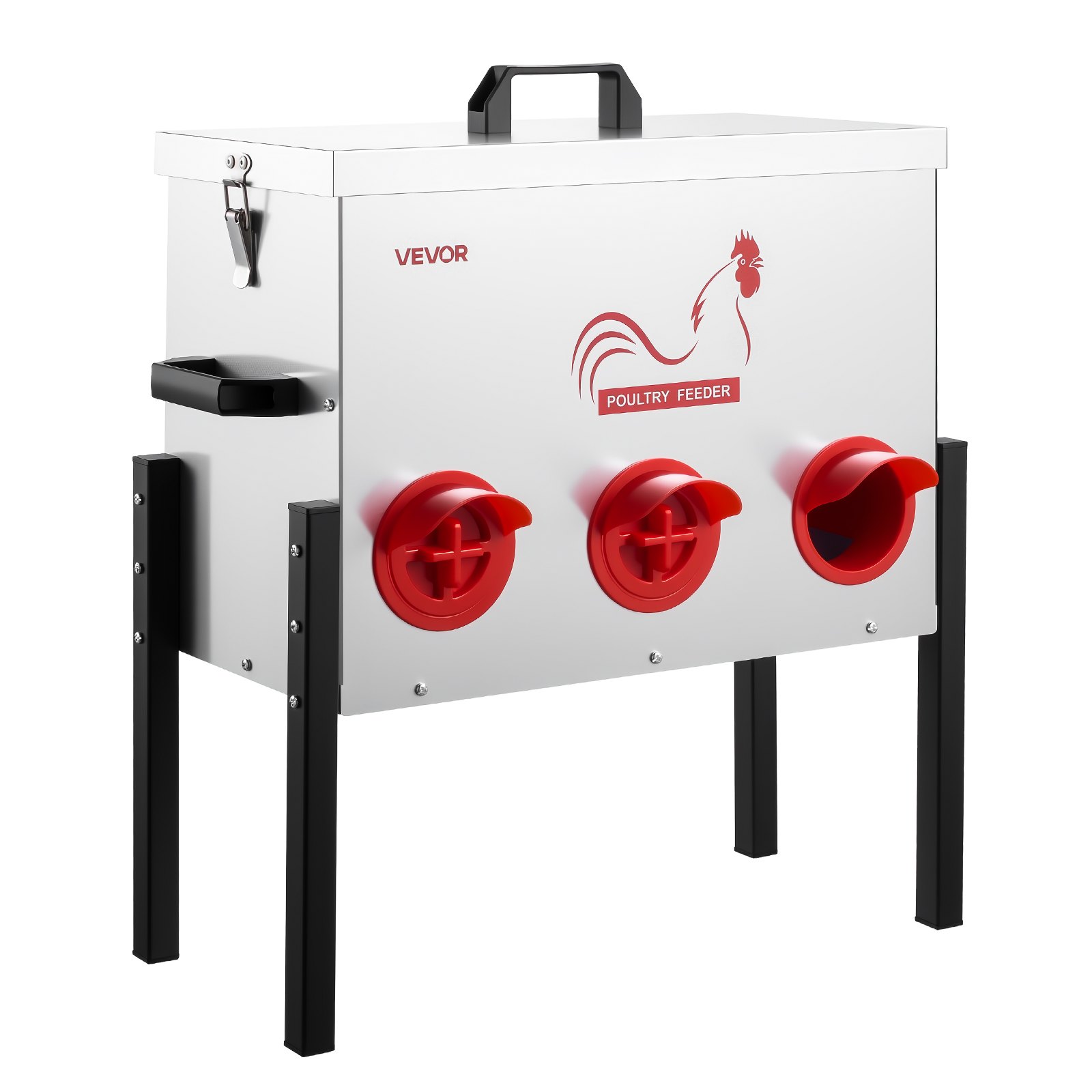 VEVOR Automatic Chicken Feeder, 30 lbs Capacity, 6 Feeding Ports No-Waste Poultry Feeder, Automatic Gravity, with Adjustable Height & Locking Lid, Metal Construction, for Chickens Bantams Pheasants