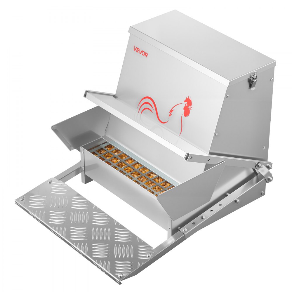 VEVOR Automatische Kippenvoerbak, 18,14 kg pluimveevoerbak, regenbestendige pedaalvoerbak met afsluitbaar deksel, geen verlies, kippenbenodigdheden voor krielkippen, pluimvee en fazanten.