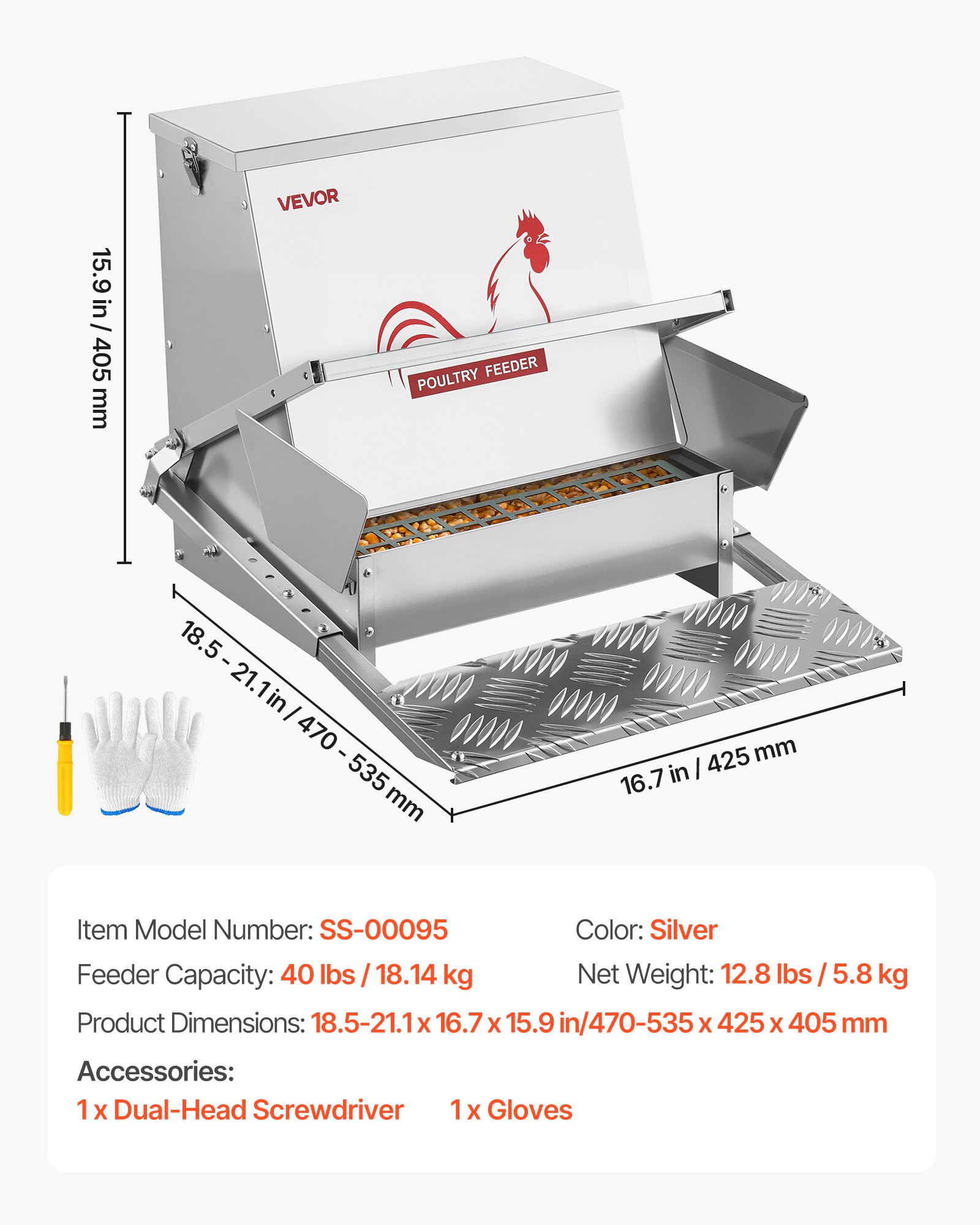 VEVOR Automatische Kippenvoerbak, 18,14 kg pluimveevoerbak, regenbestendige pedaalvoerbak met afsluitbaar deksel, geen verlies, kippenbenodigdheden voor krielkippen, pluimvee en fazanten.