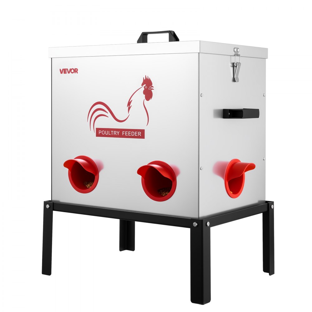 VEVOR Automatic Chicken Feeder, 50 lbs Capacity, 6 Feeding Ports No-Waste Poultry Feeder with Built-In Divider, with Latch & Handle, Metal Construction, for Chickens Bantams Pheasants Poultry Coop