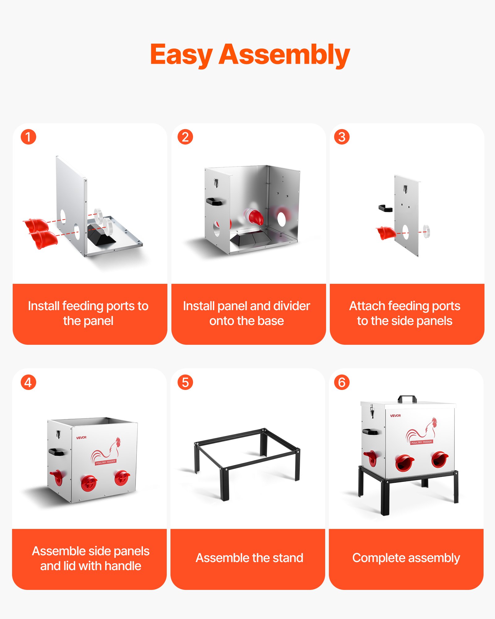 VEVOR Automatic Chicken Feeder, 50 lbs Capacity, 6 Feeding Ports No-Waste Poultry Feeder with Built-In Divider, with Latch & Handle, Metal Construction, for Chickens Bantams Pheasants Poultry Coop