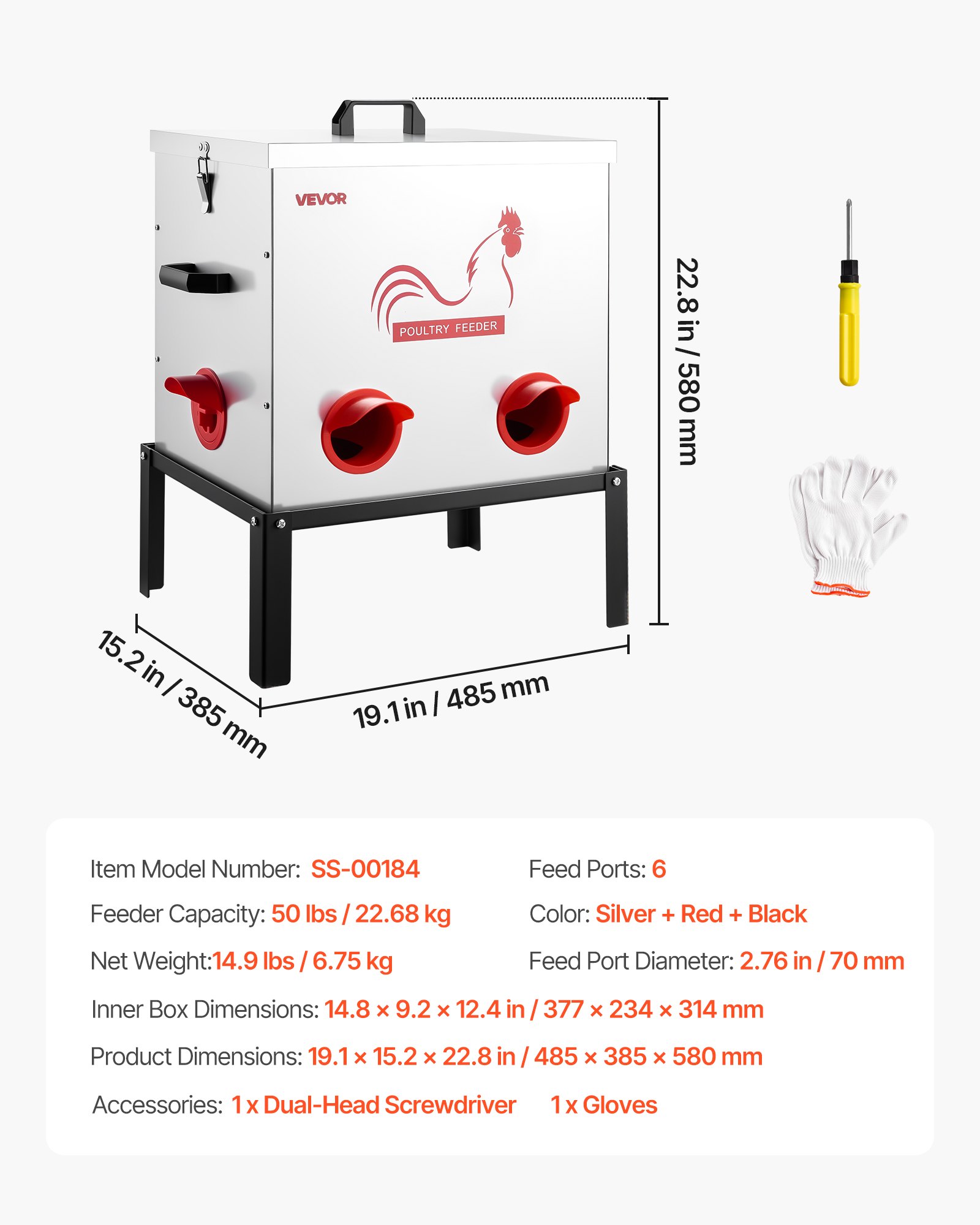 VEVOR Automatic Chicken Feeder, 50 lbs Capacity, 6 Feeding Ports No-Waste Poultry Feeder with Built-In Divider, with Latch & Handle, Metal Construction, for Chickens Bantams Pheasants Poultry Coop