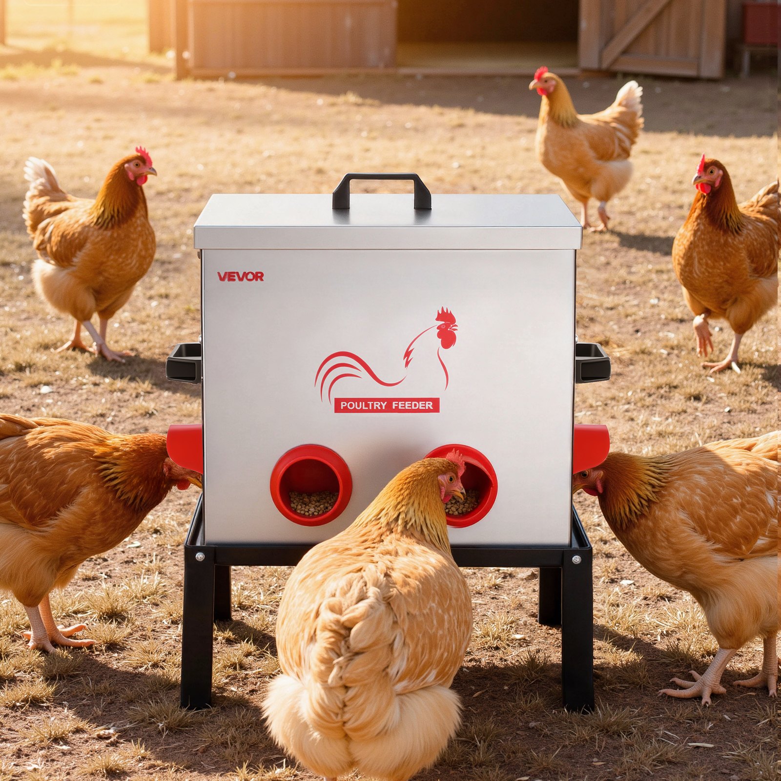 VEVOR Automatic Chicken Feeder, 50 lbs Capacity, 6 Feeding Ports No-Waste Poultry Feeder with Built-In Divider, with Latch & Handle, Metal Construction, for Chickens Bantams Pheasants Poultry Coop