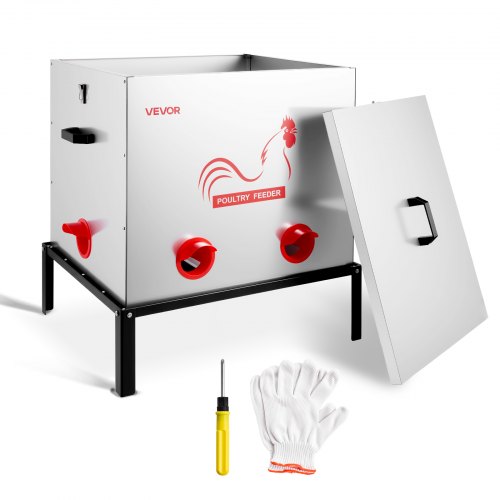 VEVOR Automatische Kippenvoerbak, 38,5 kg, Voerbak voor pluimvee met 6 voeropeningen, Vergrendeling & Handvat, Automatische Kippenvoerbak, Metalen Constructie, Kippenaccessoires voor Kippen/Eenden/Pluimvee