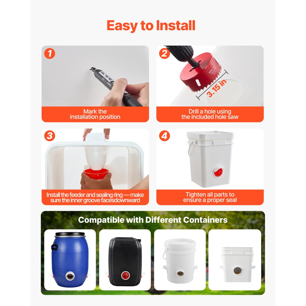 VEVOR DIY kippenvoerbak, 4 voeropeningen, afvalvrije voerbak voor pluimvee met deksel, robuuste stalen gatenzaag, rubberen afdichtingsring, ideaal voor emmers, vaten, containers en troggen.