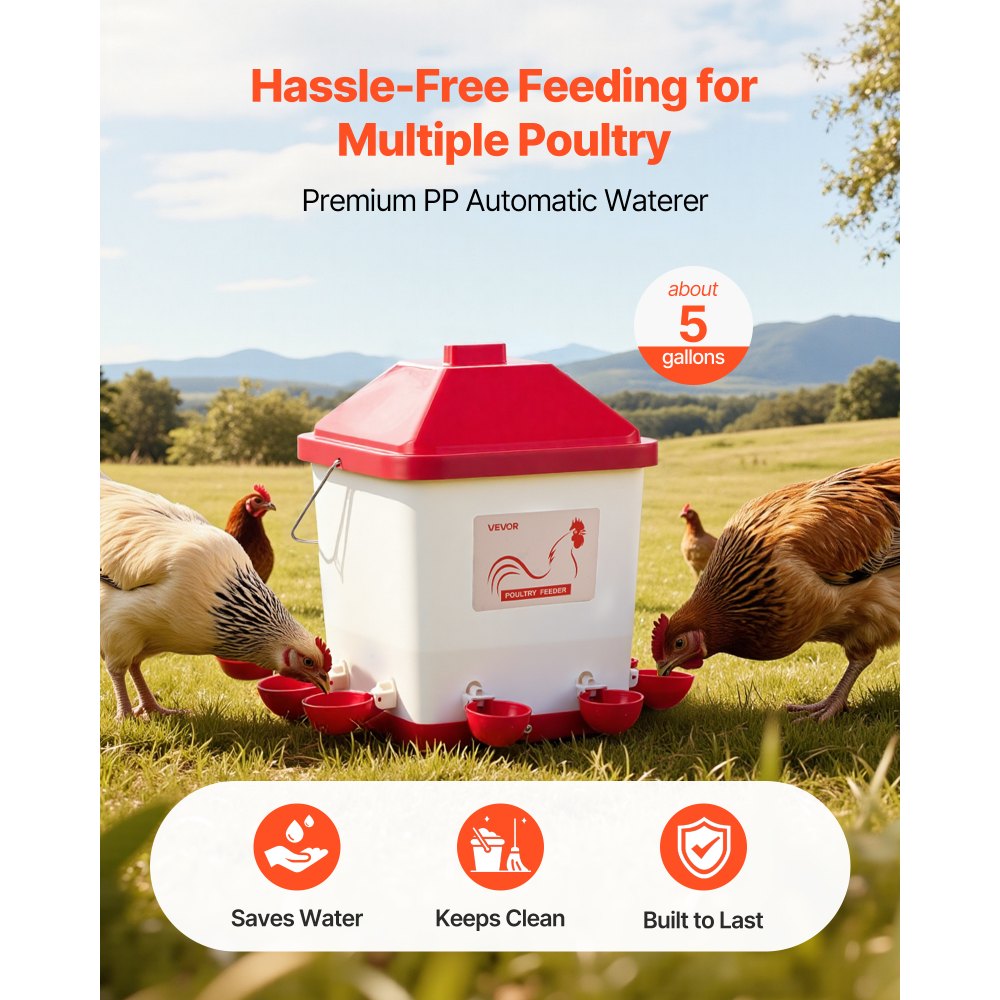 VEVOR 5 Gallon Automatic Chicken Waterer, 6 Water Ports, Automatic-Fill Water Cup, Automatic Gravity Waterer with Handle & Sealed Rubber Ring, Waterproof PP Material, No Waste Design, for Chicken