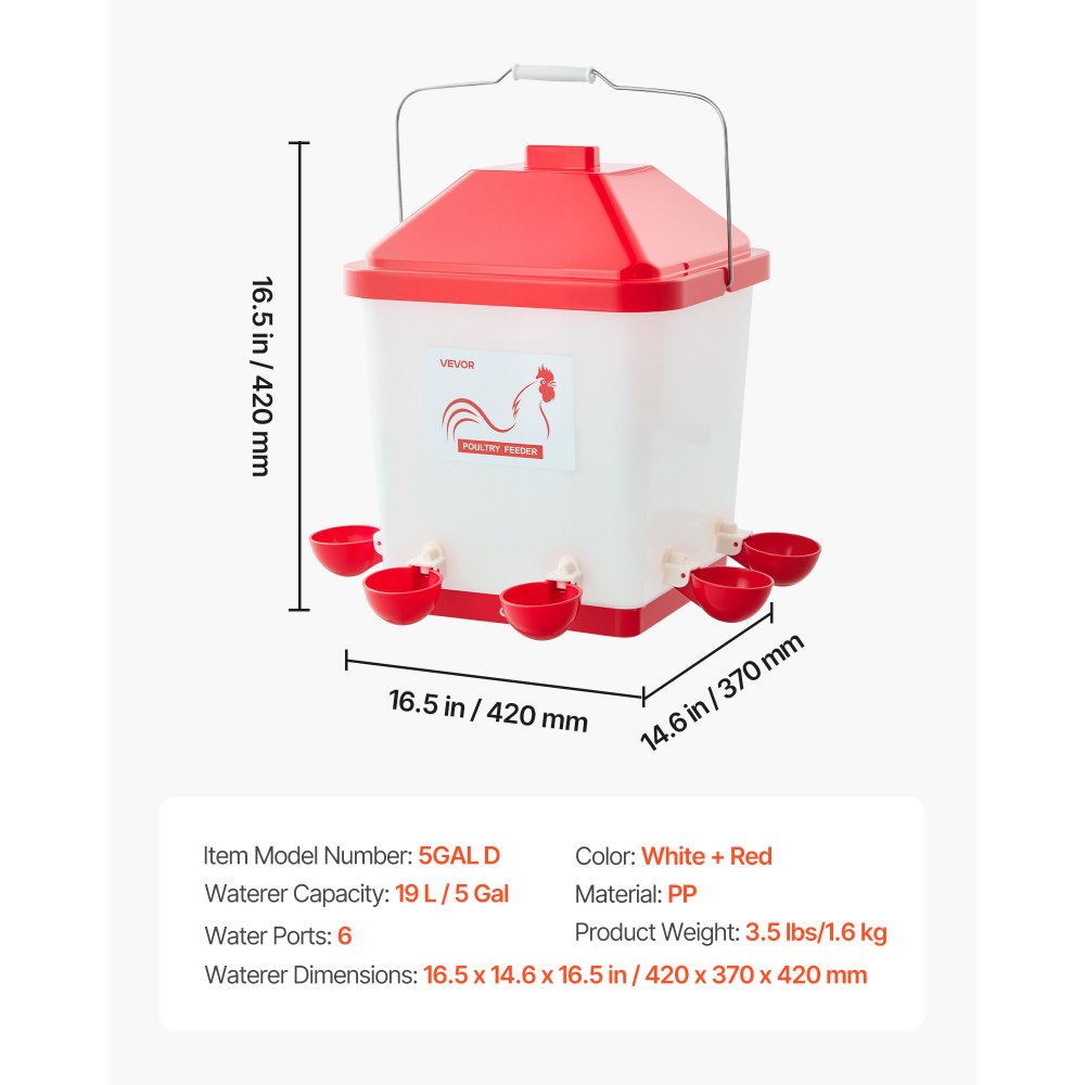 VEVOR 5 Gallon Automatic Chicken Waterer, 6 Water Ports, Automatic-Fill Water Cup, Automatic Gravity Waterer with Handle & Sealed Rubber Ring, Waterproof PP Material, No Waste Design, for Chicken