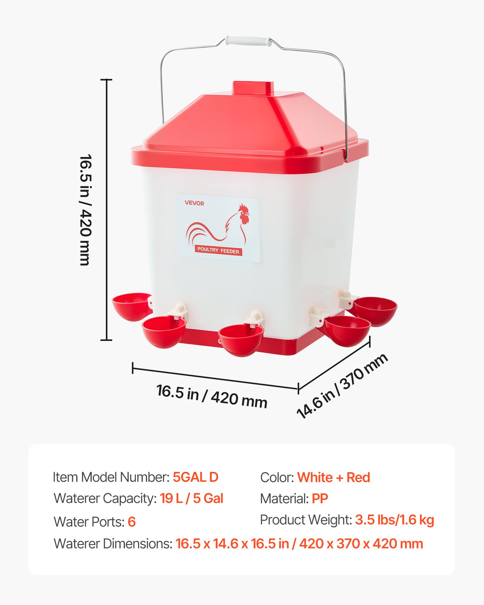 VEVOR 5 Gallon Automatic Chicken Waterer, 6 Water Ports, Automatic-Fill Water Cup, Automatic Gravity Waterer with Handle & Sealed Rubber Ring, Waterproof PP Material, No Waste Design, for Chicken